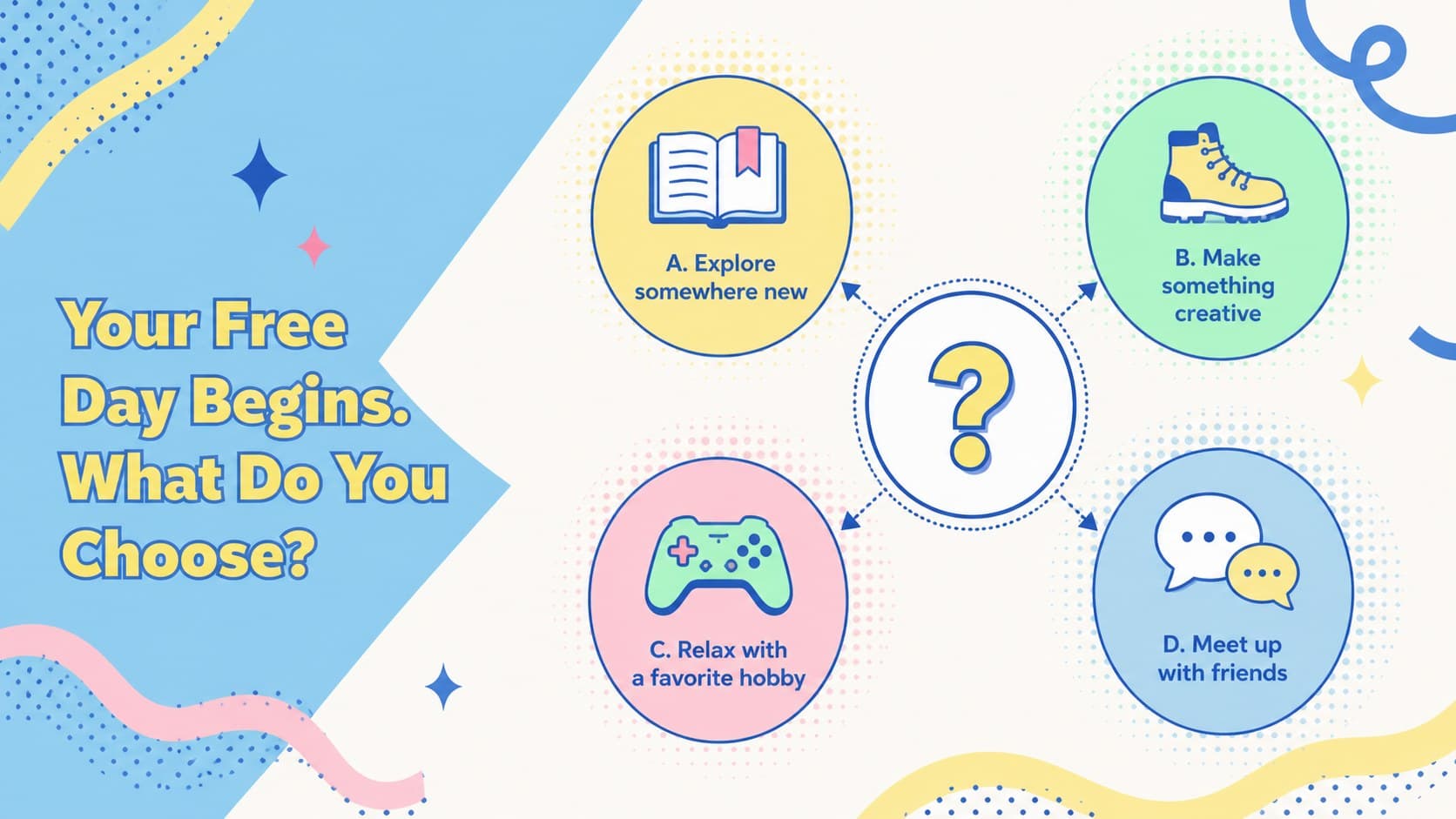 Pastel quiz game template asking students to choose an ideal free-day activity from four illustrated options.