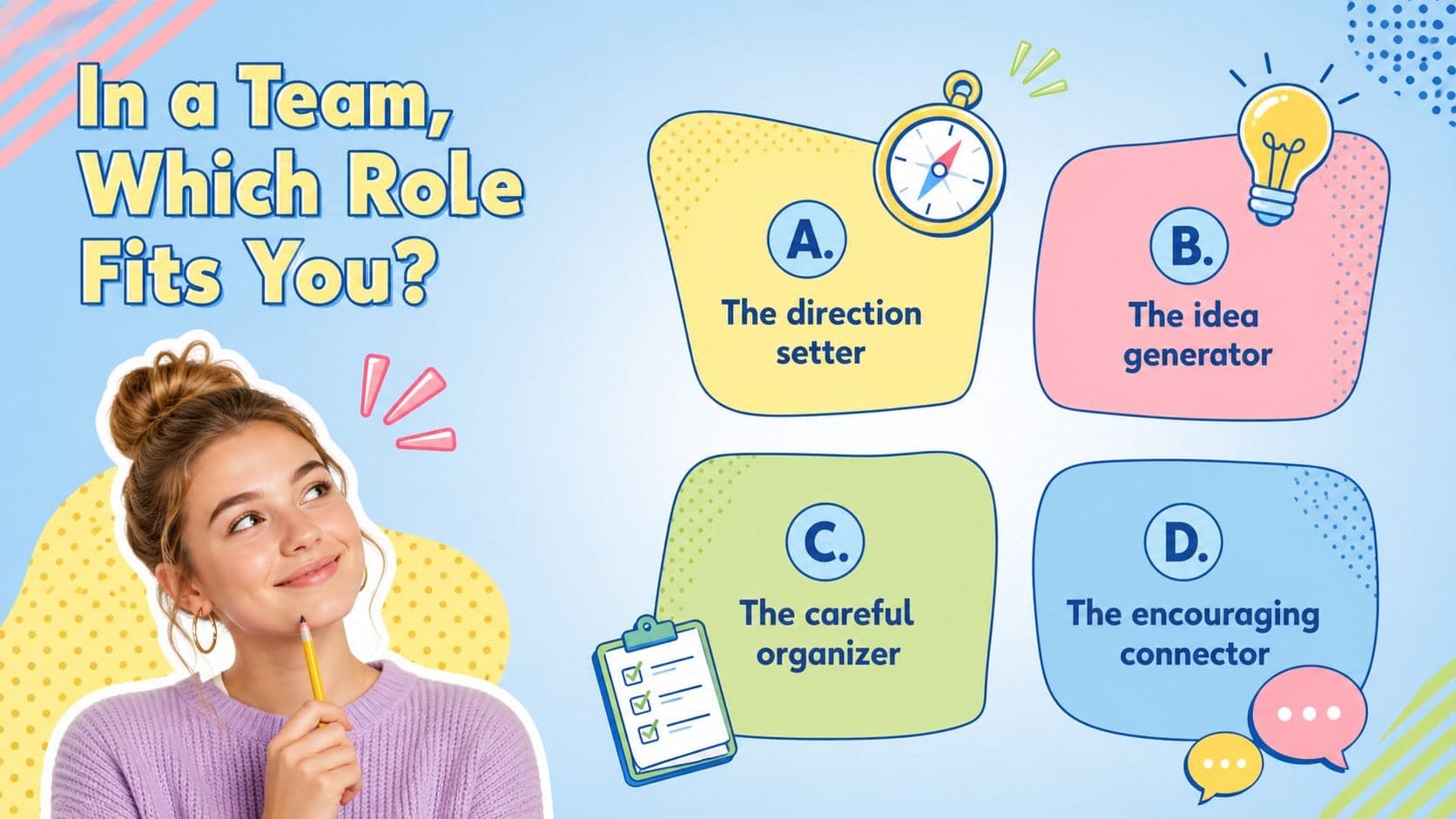 Student self discovery slide featuring four teamwork roles in colorful abstract answer panels.