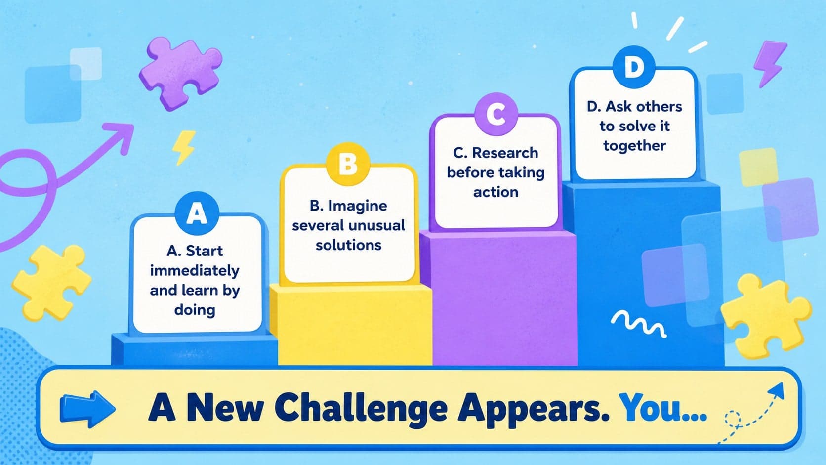 Interactive icebreaker question deck slide about approaching a new challenge with four pastel choices.