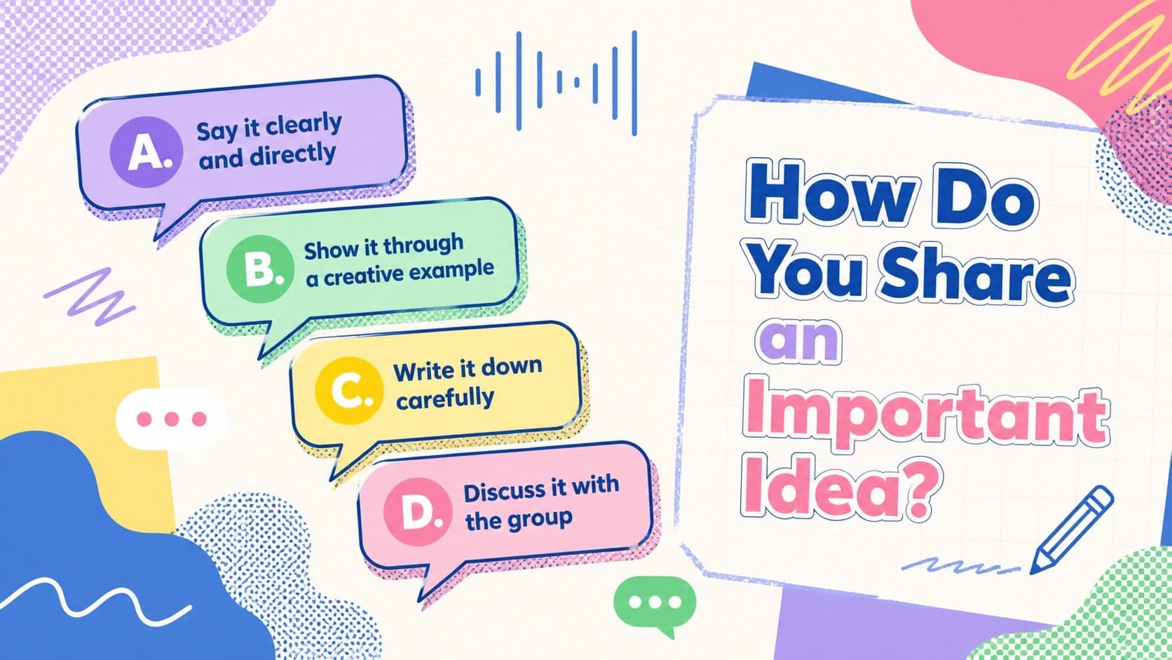 Pastel personality quiz deck slide exploring how students communicate ideas through four response choices.