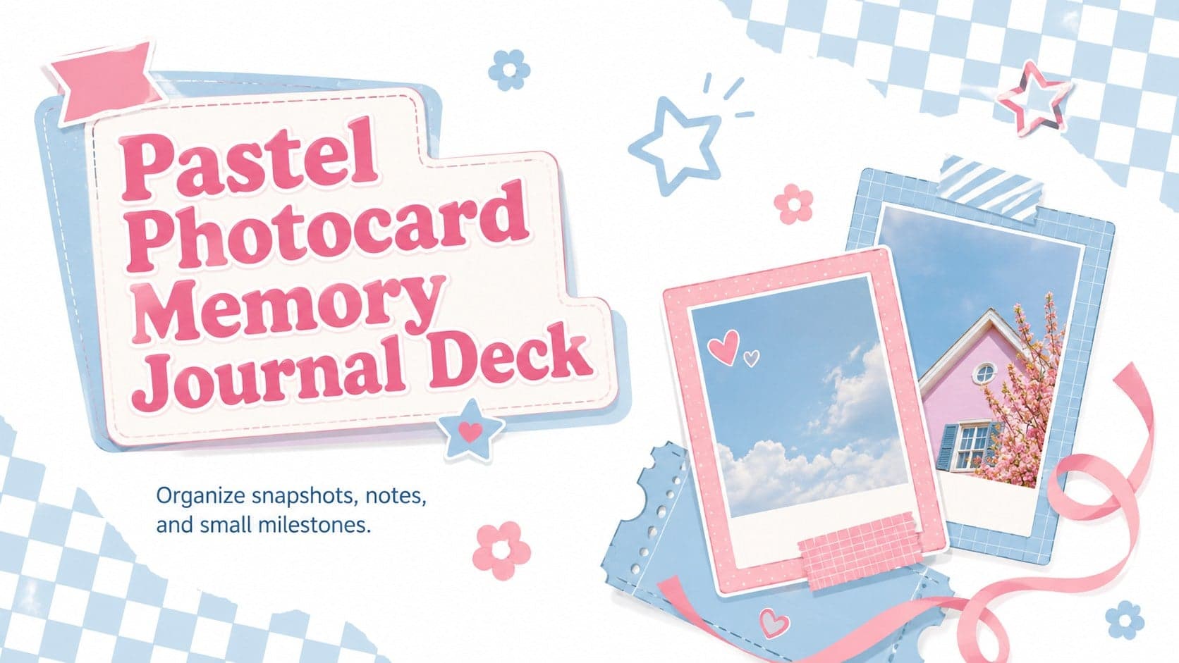 Pastel photocard memory journal cover with blue and pink checkerboards, snapshots, and playful doodle accents.