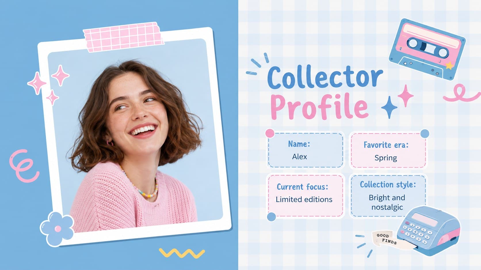 Editable K-pop photocard journal profile page with a featured portrait, favorites, and collector notes.