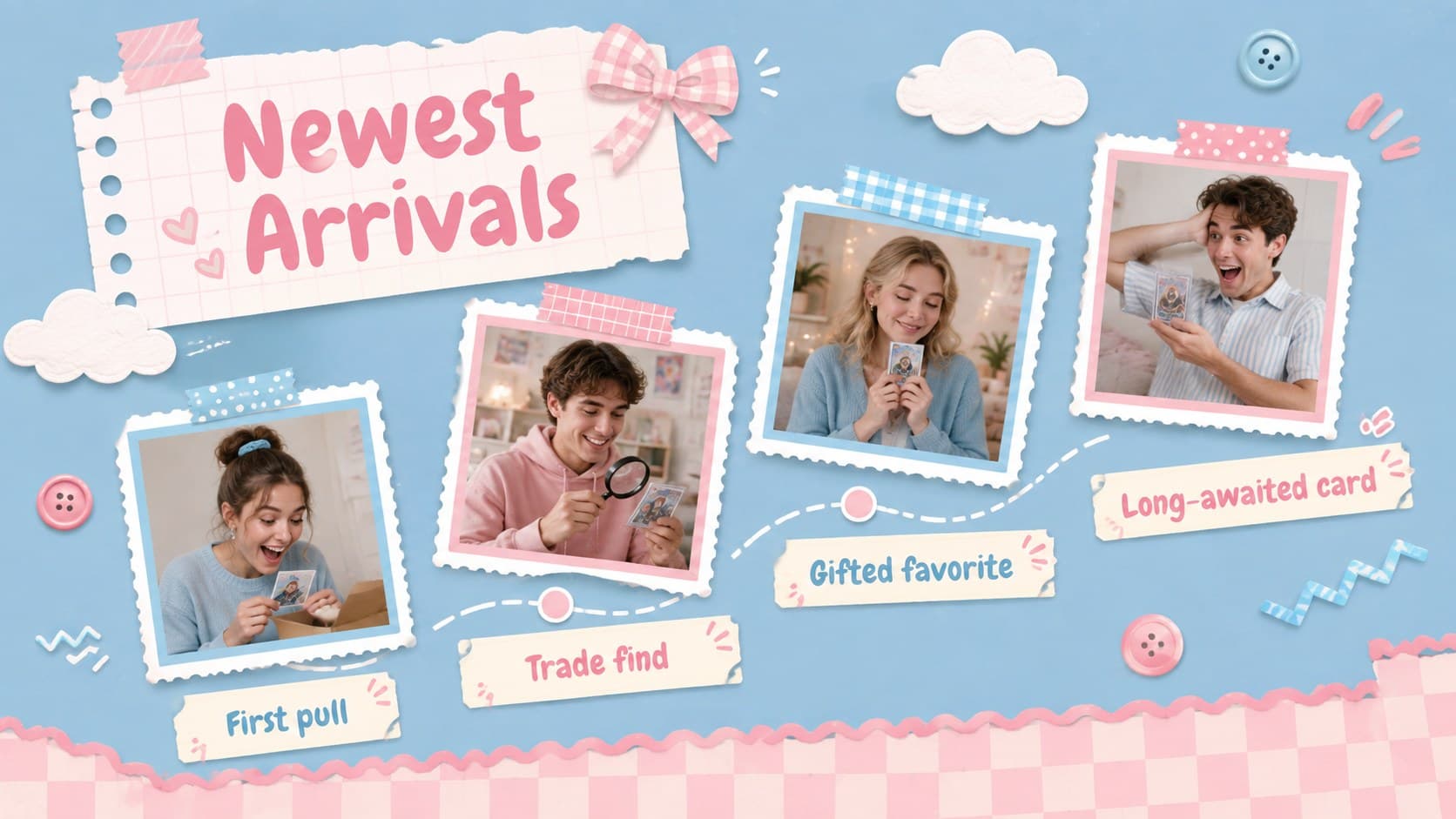 Blue and pink checkerboard scrapbook presentation page showing four recent photocard arrivals with captions.