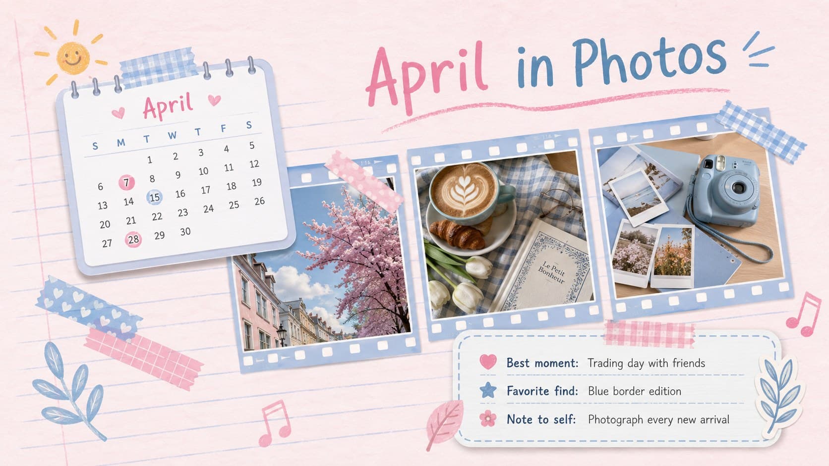 Pastel snapshot journal layout featuring a monthly calendar, three photo highlights, and a short reflection.