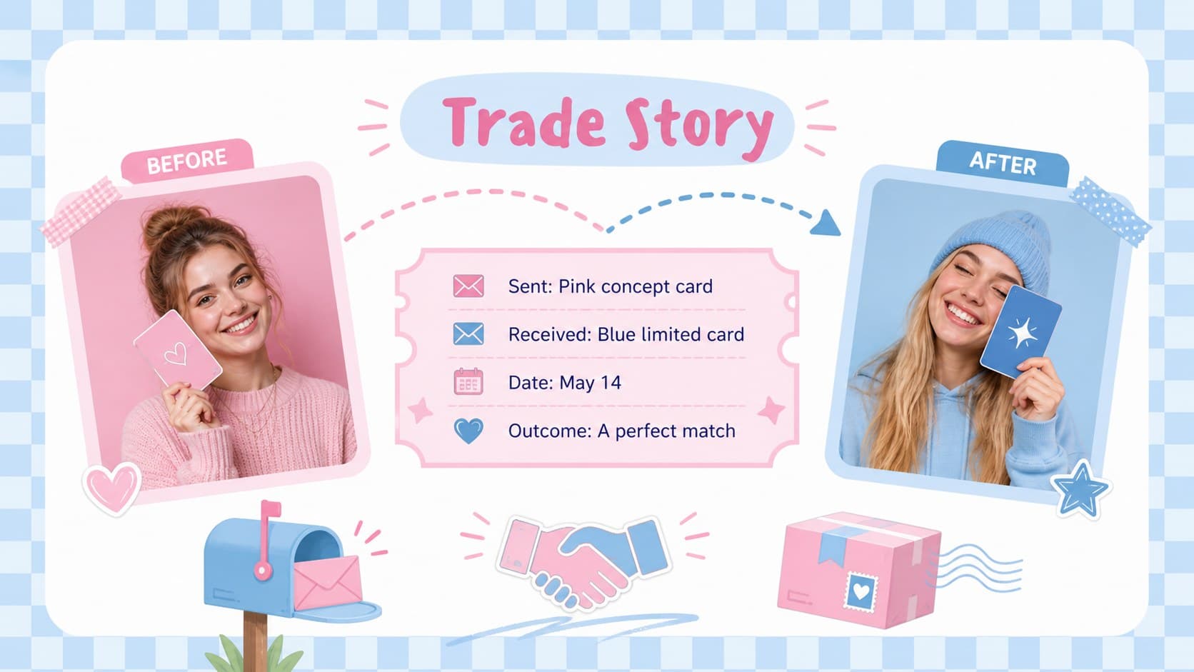 Retro photo diary PowerPoint template page documenting a card trade with photos, date, and outcome.