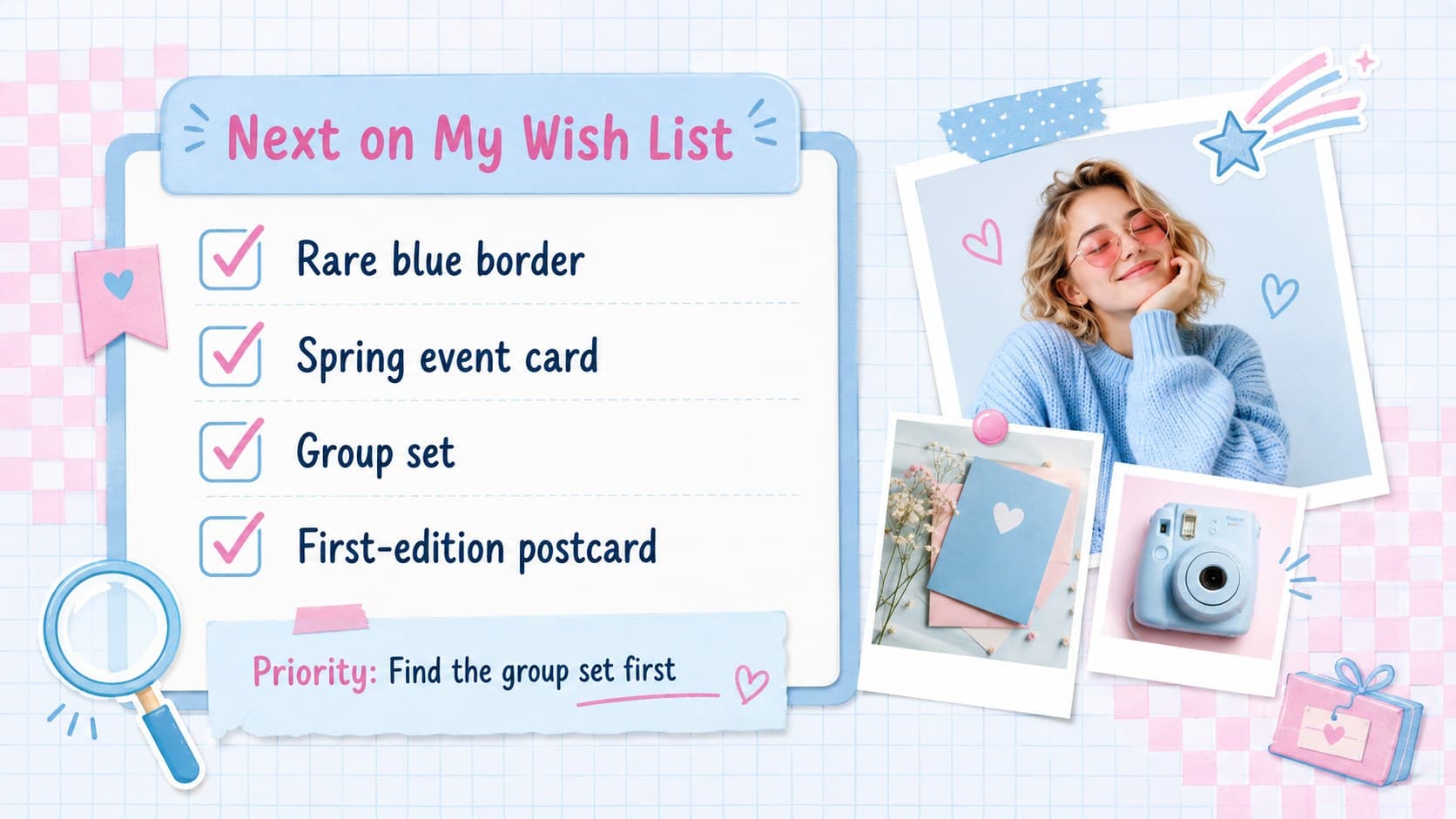Digital memory keeping presentation template page with a pastel wish list and priority markers.