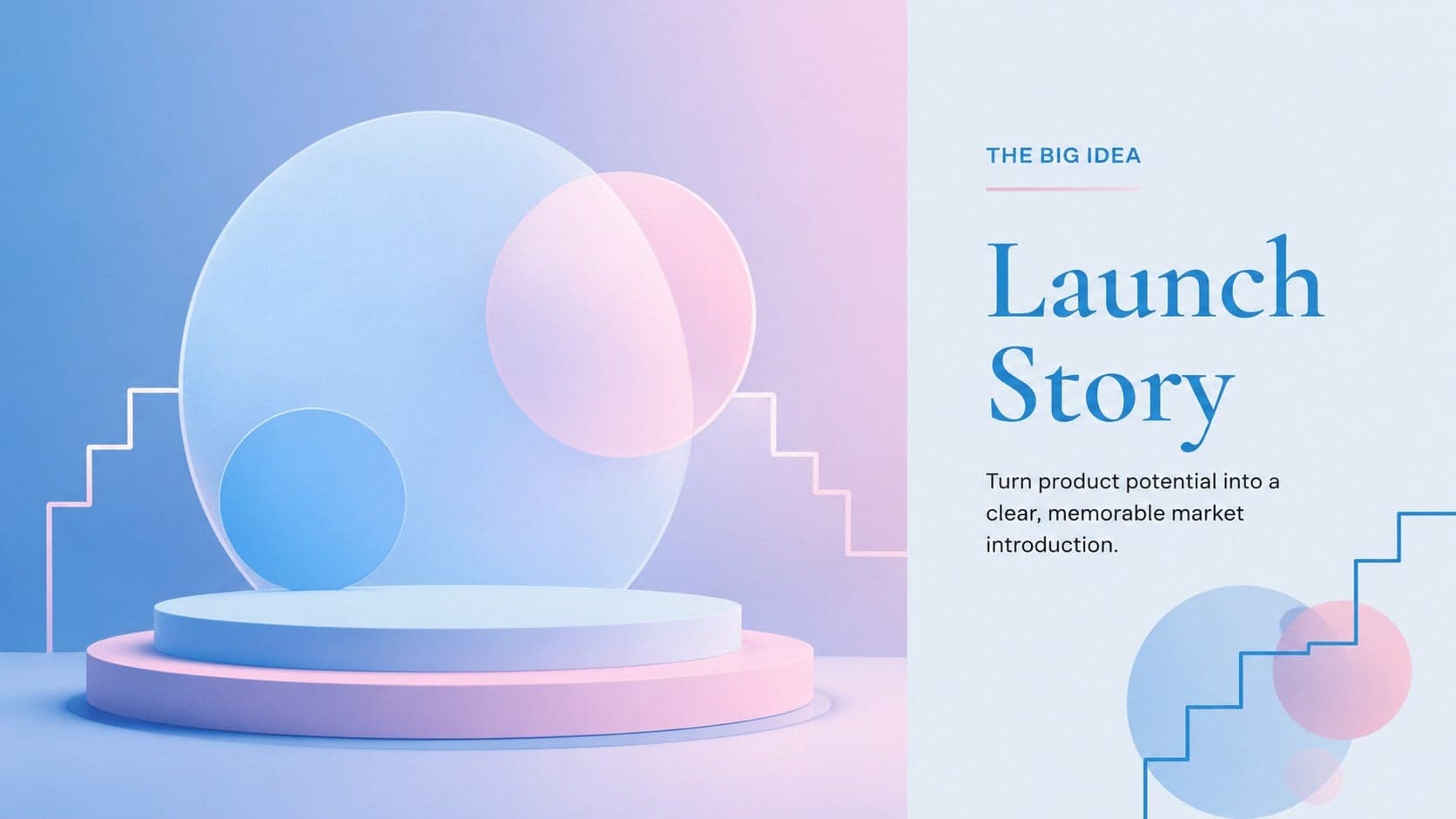 Product launch story slide with geometric pastel graphics and a concise marketing statement.