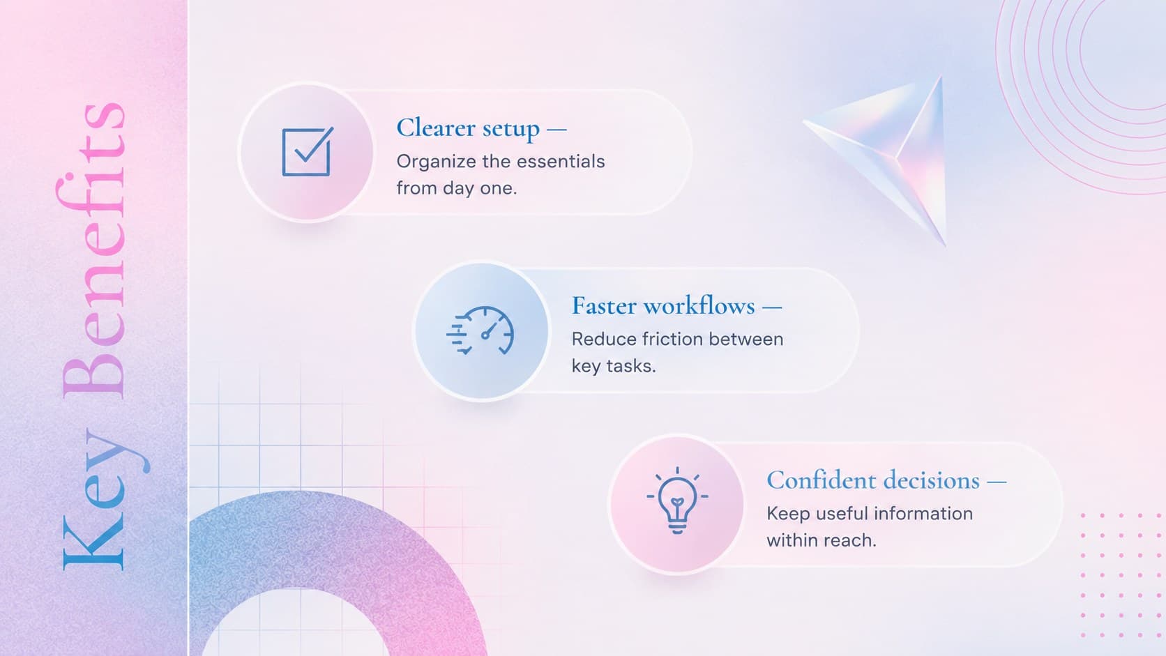 Geometric sales brochure slide highlighting three product benefits in a blue and pink layout.