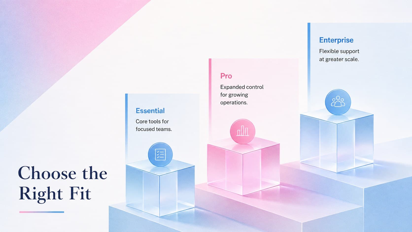 Product catalog pitch presentation comparing Essential, Pro, and Enterprise solutions.