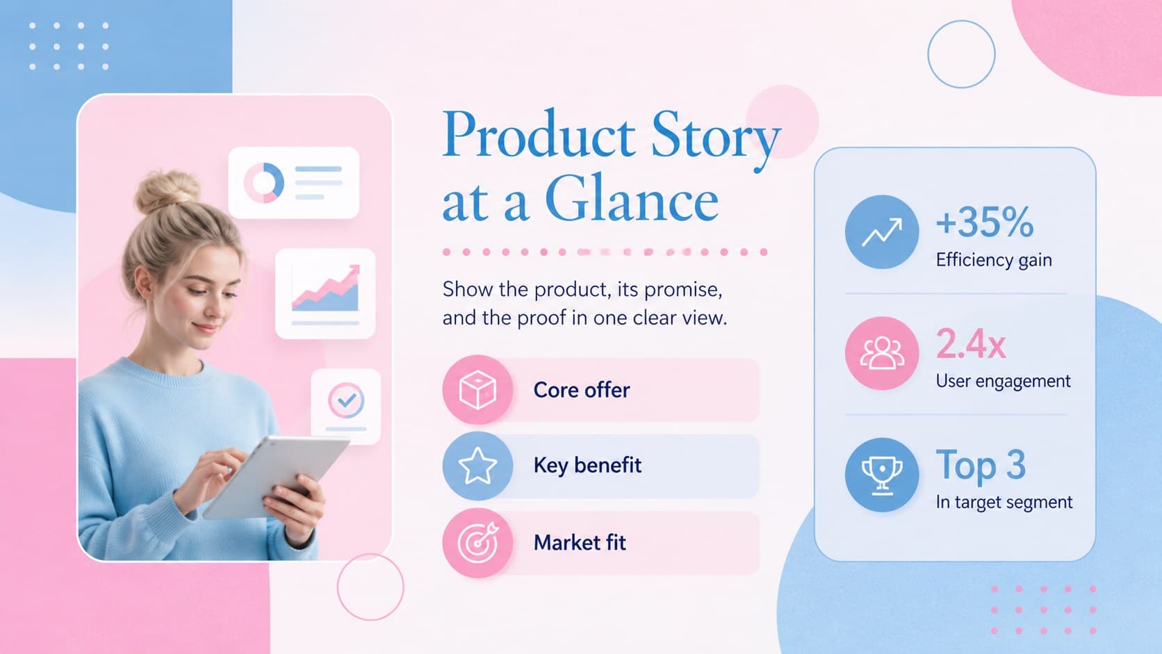 Product overview slide showing an editable geometric brochure layout with image frames, feature callouts, and pastel blue-pink styling.