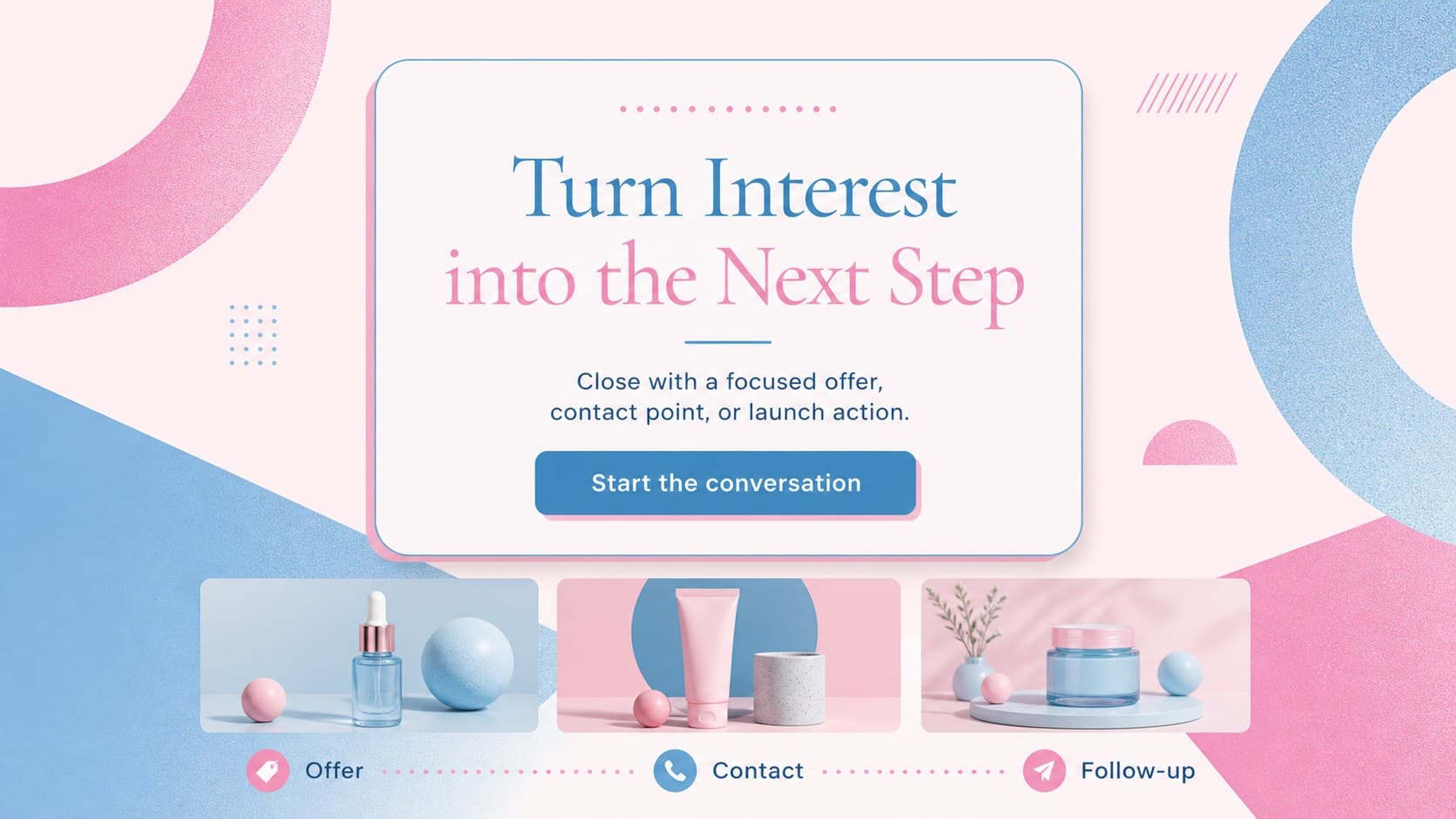 Closing call-to-action slide for a modern sales pitch with a pastel geometric background and editable next-step panel.