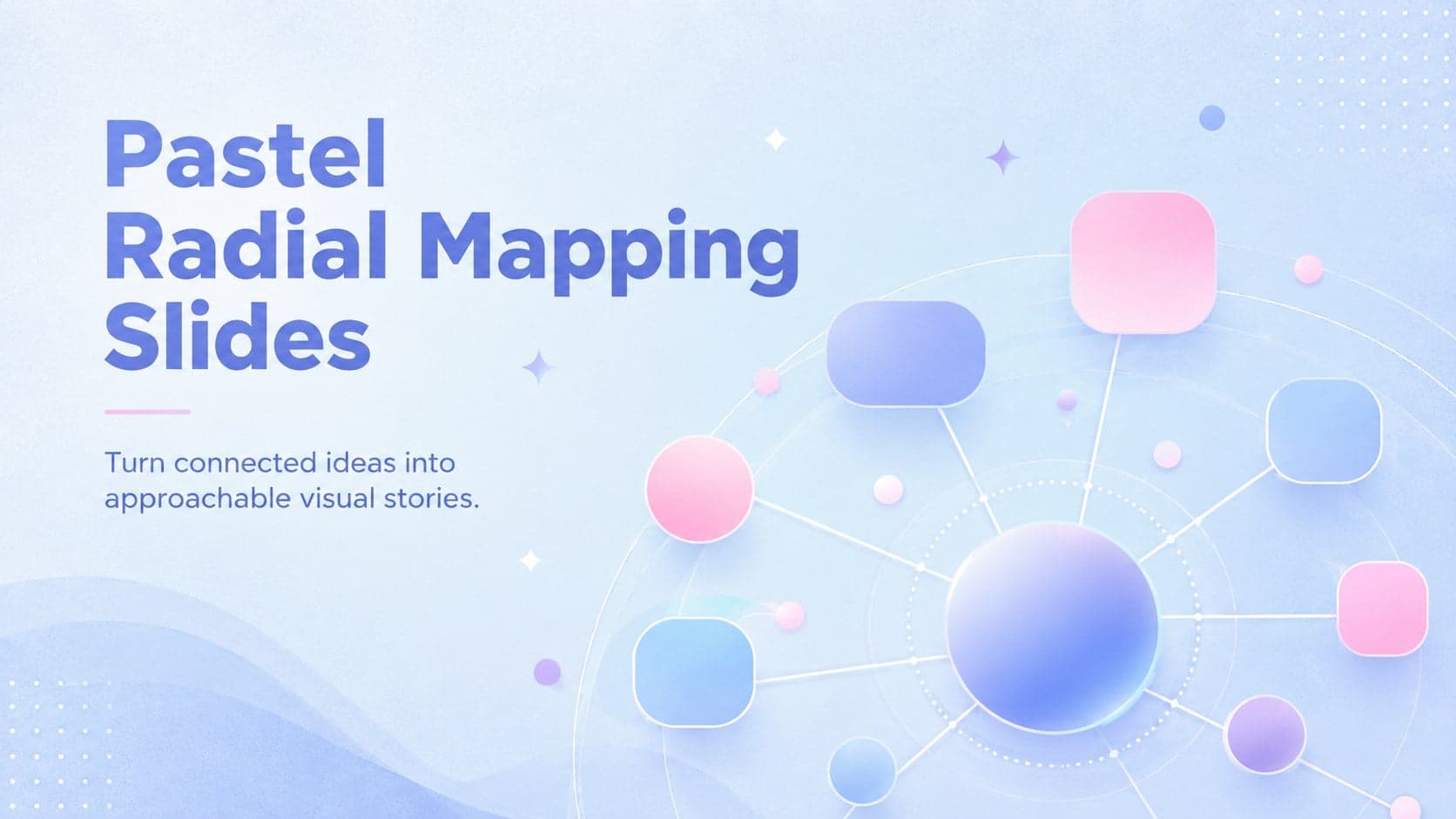 Cover for Pastel Radial Mapping Slides with soft blue dimensional shapes and a modern concept-map motif.