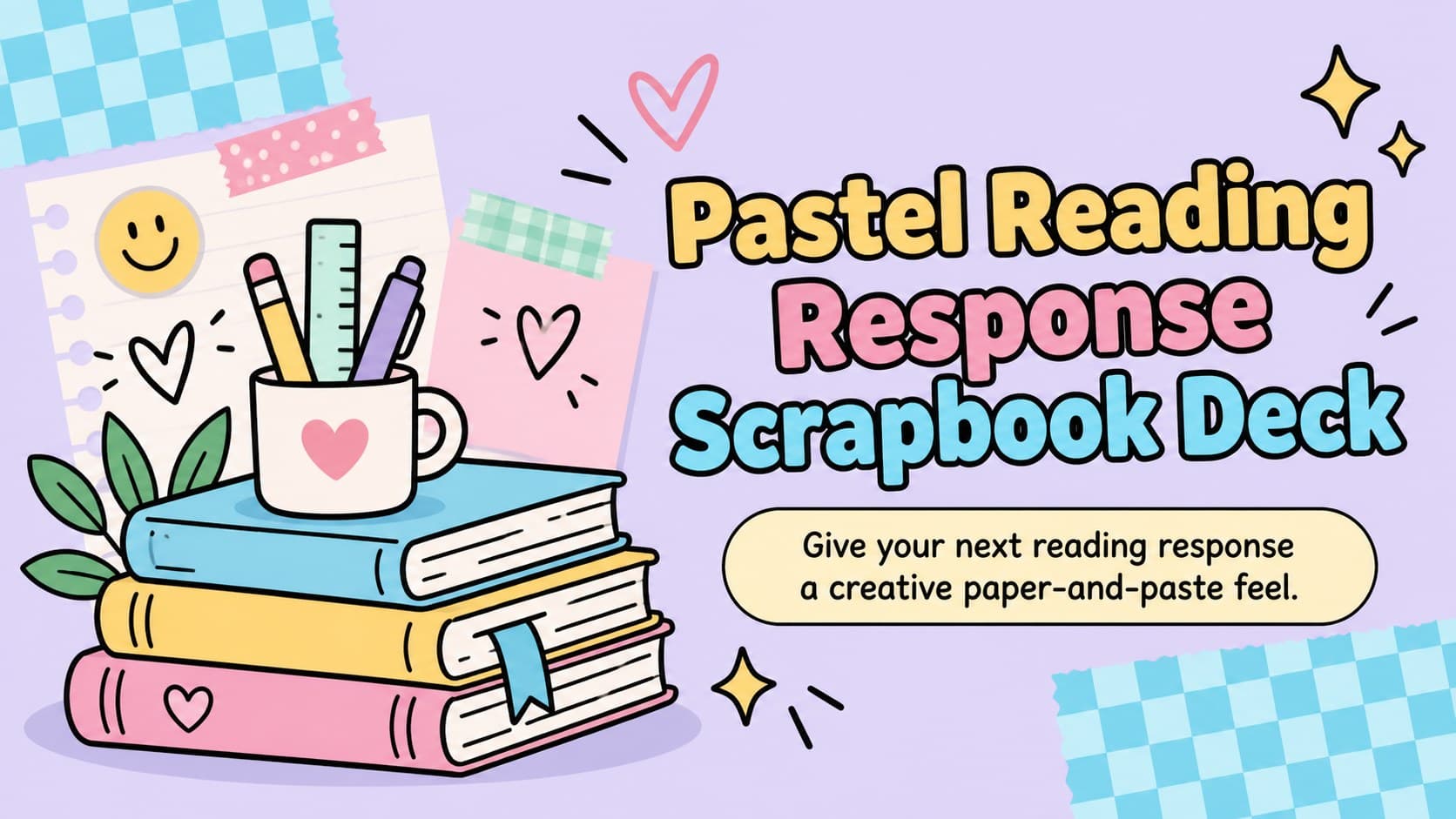 Pastel reading response scrapbook deck cover with layered paper, checkerboard accents, and colorful reading-themed decorations.