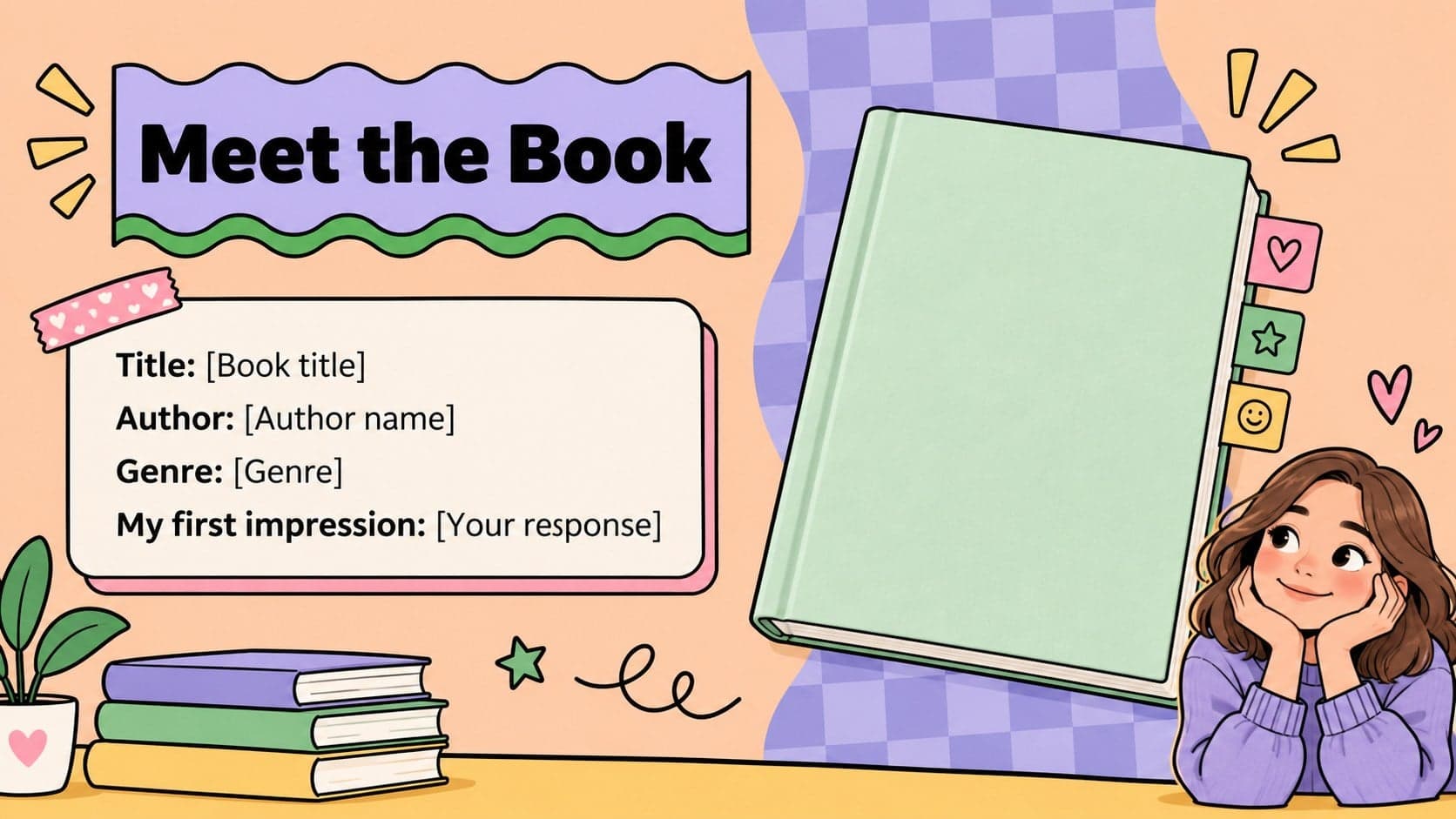 Book introduction slide with a cover placeholder and pastel reading response fields for title, author, and genre.
