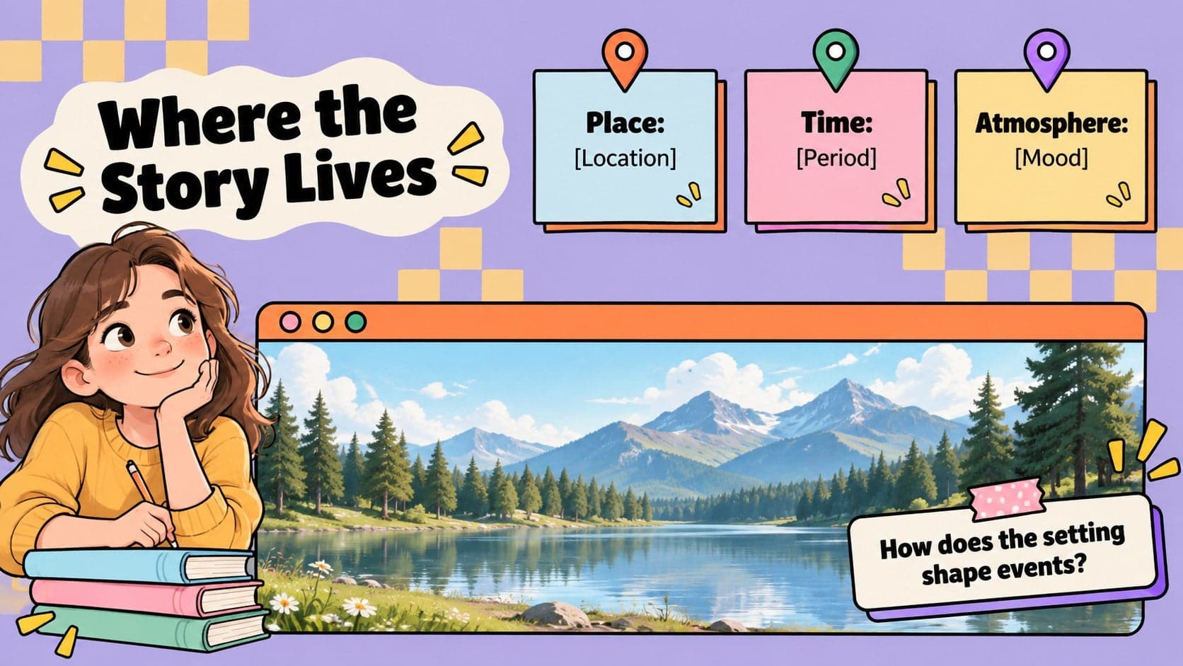 Literature setting slide pairing a landscape placeholder with pastel notes about place, time, and atmosphere.