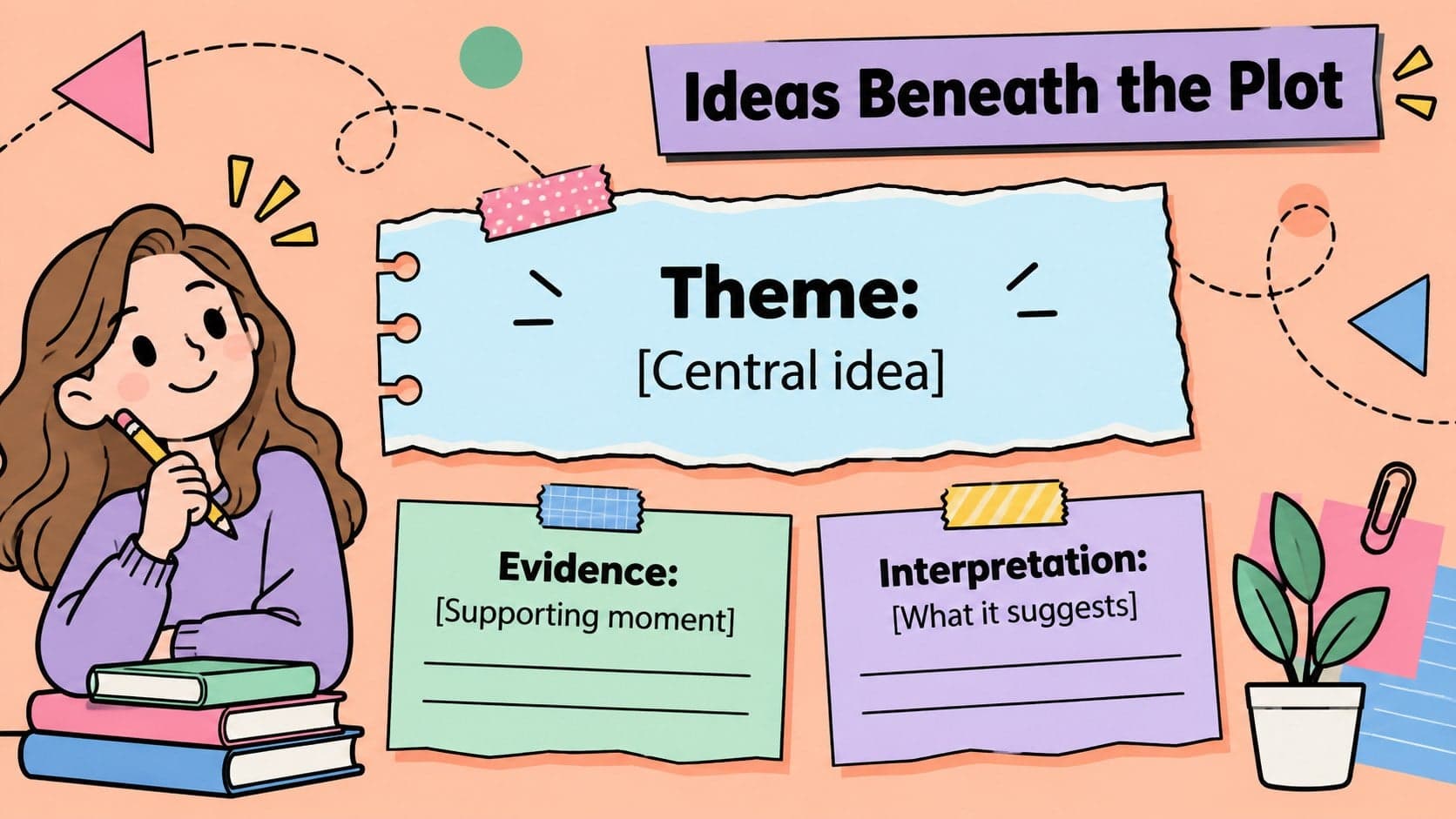 Scrapbook literature analysis presentation slide connecting a central theme with evidence and interpretation.