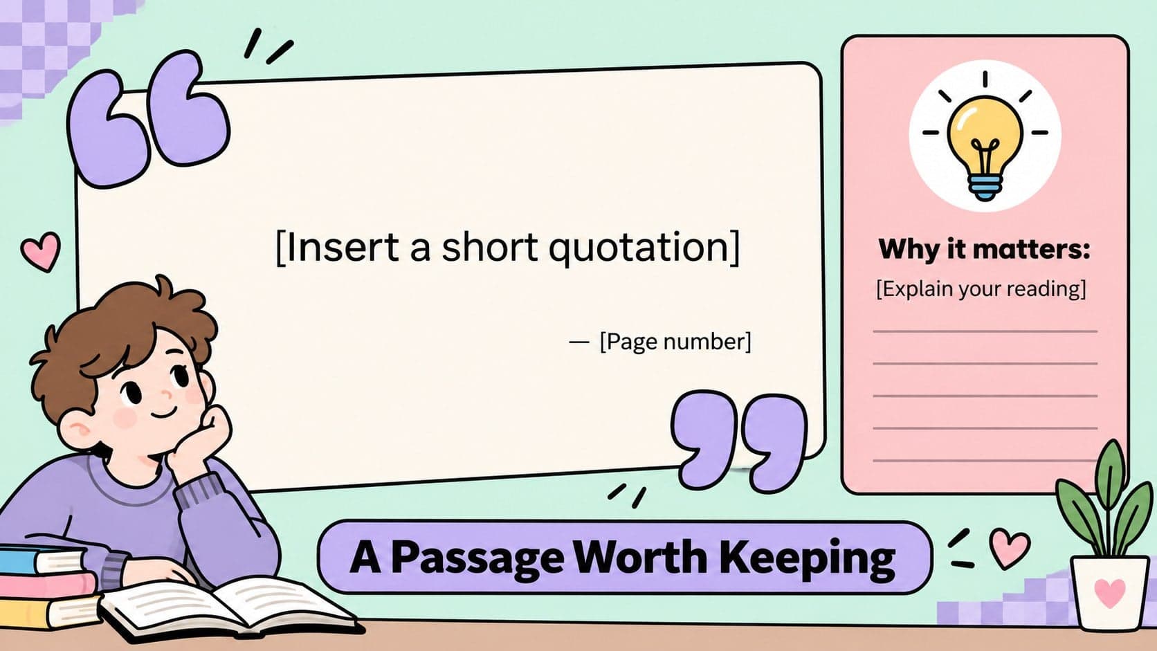 Book quotation analysis slide with a large pastel quotation area and a separate interpretation note.