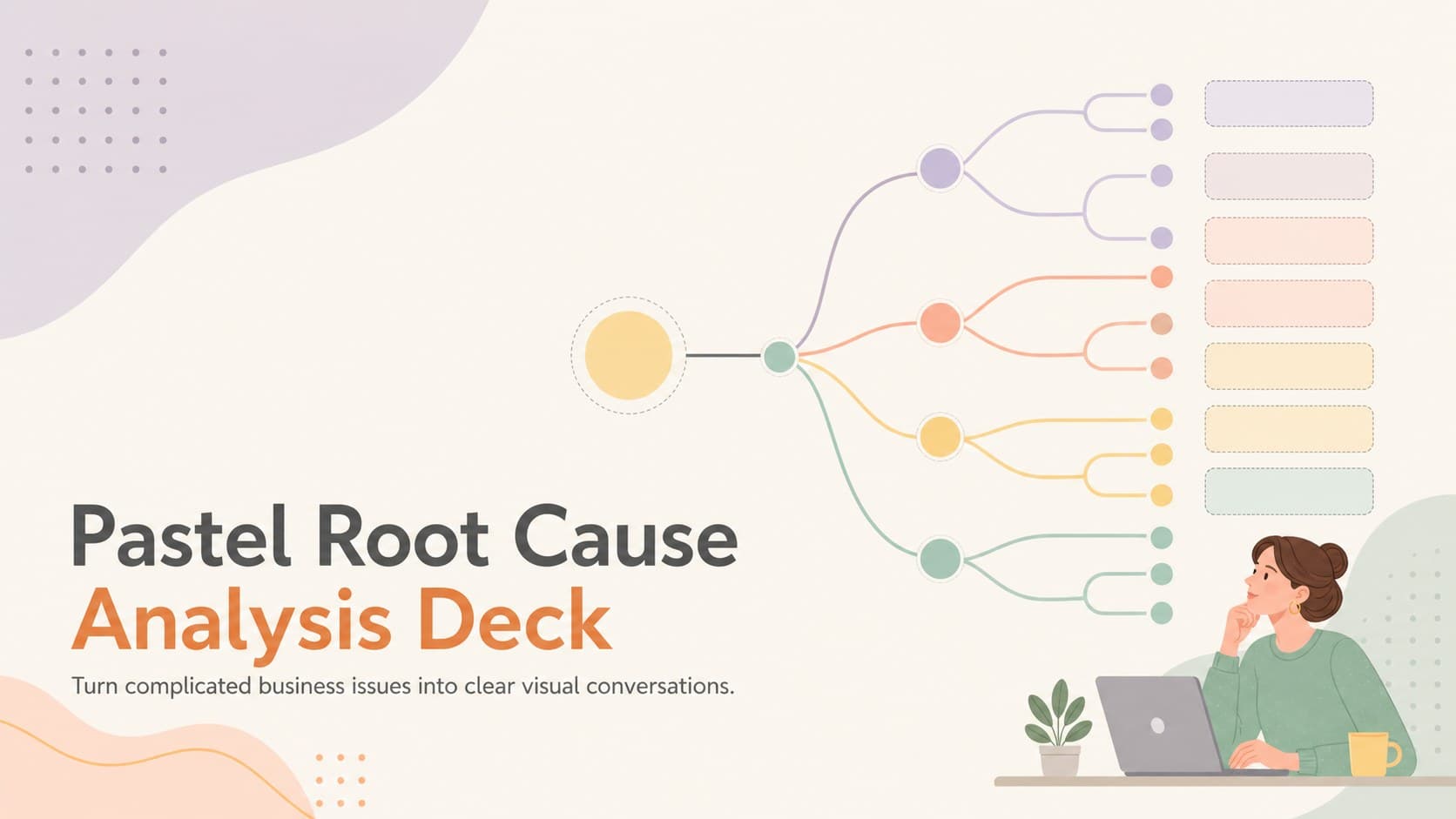 Cover slide introducing a pastel root cause analysis deck with a clean business diagram and muted beige accents.