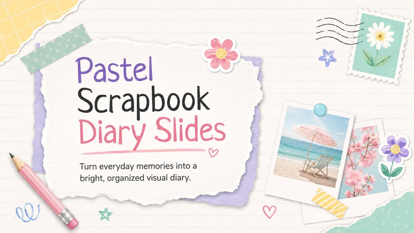 Cover for Pastel Scrapbook Diary Slides with layered paper, stationery stickers, and a handwritten journal aesthetic.