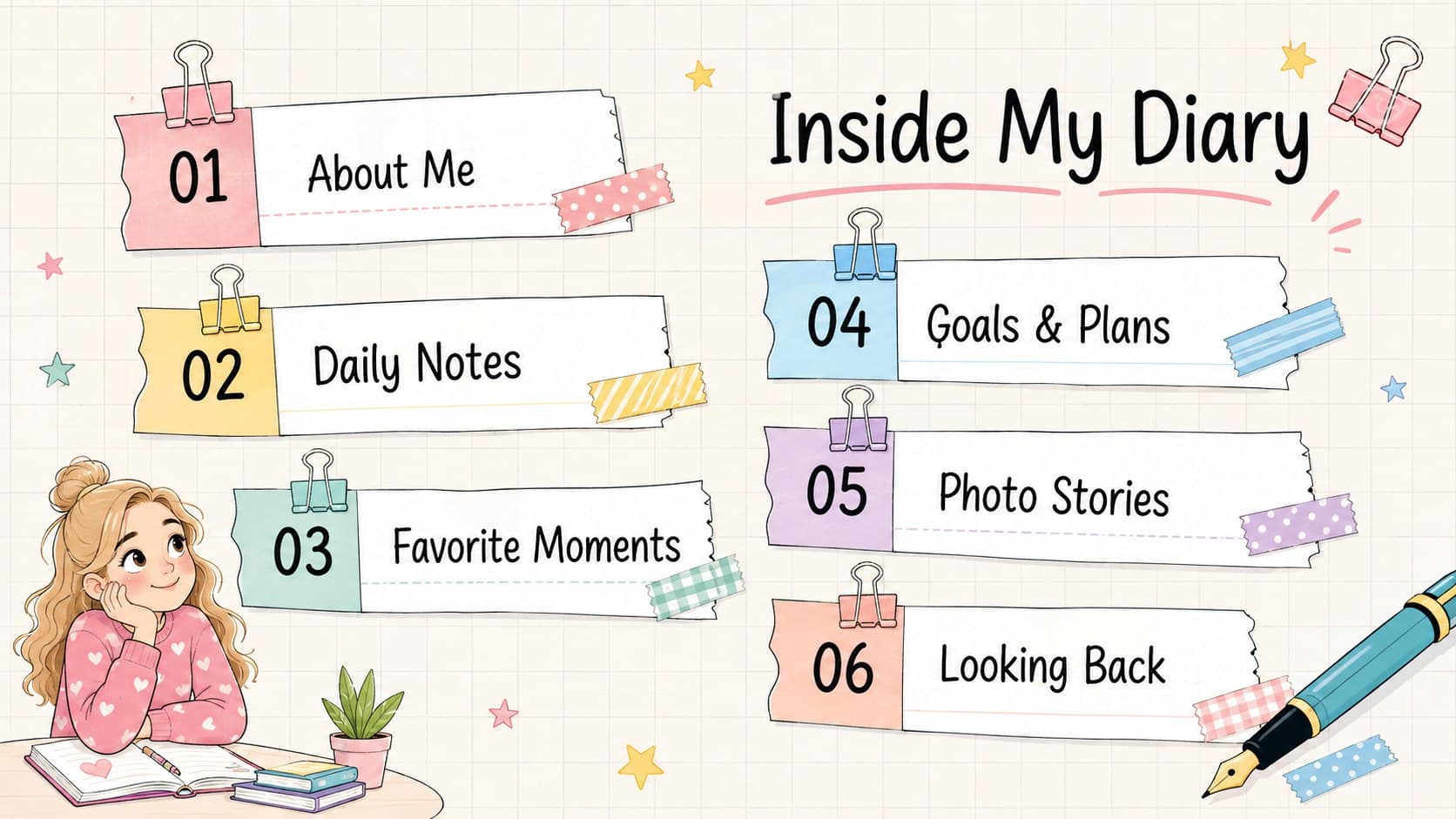 Pastel scrapbook diary contents slide listing journal sections with colorful tabs and paper notes.