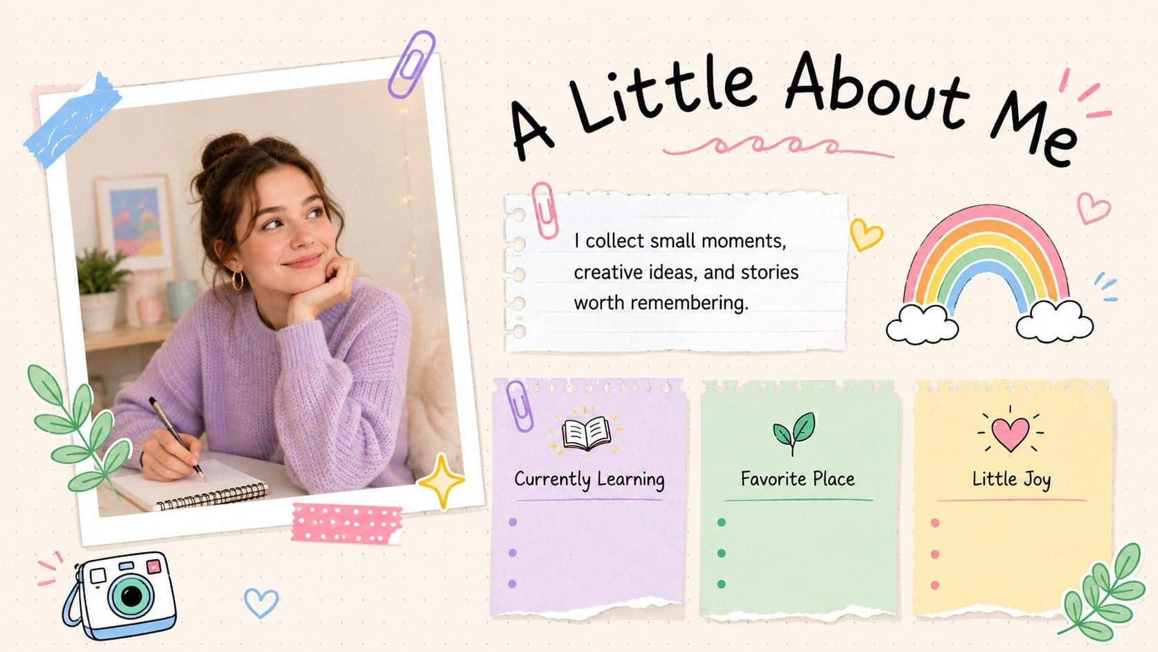 About me page from a pastel scrapbook diary presentation with a portrait frame, facts, and favorite things.