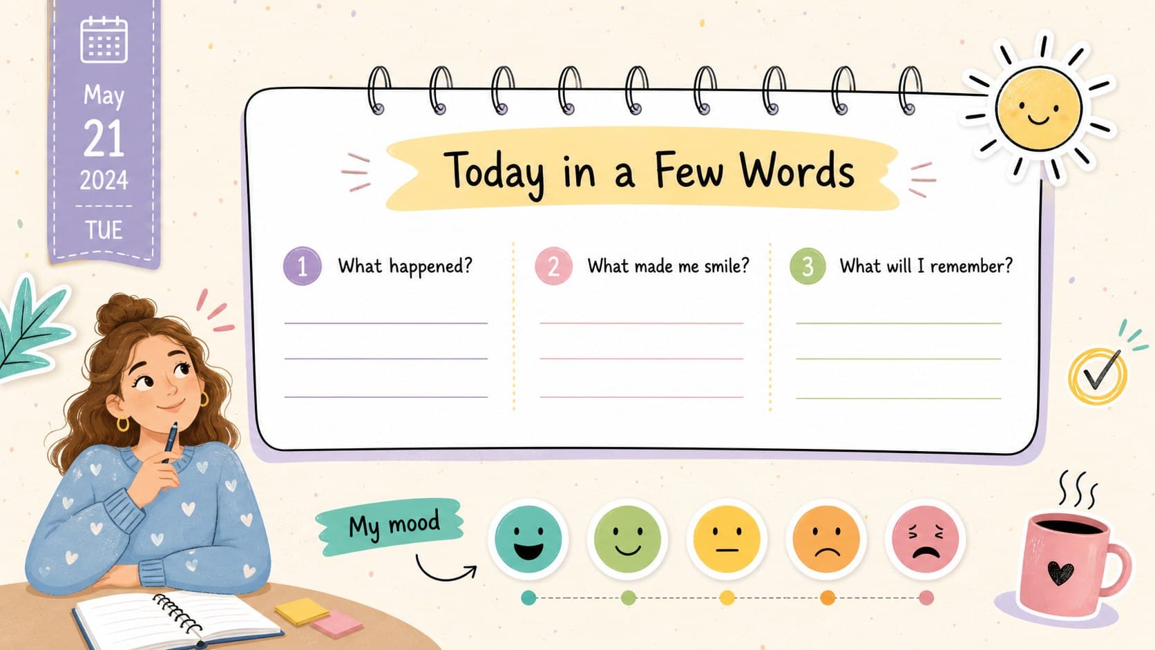 Daily reflection layout in a pastel scrapbook Google Slides theme with prompts and a mood tracker.