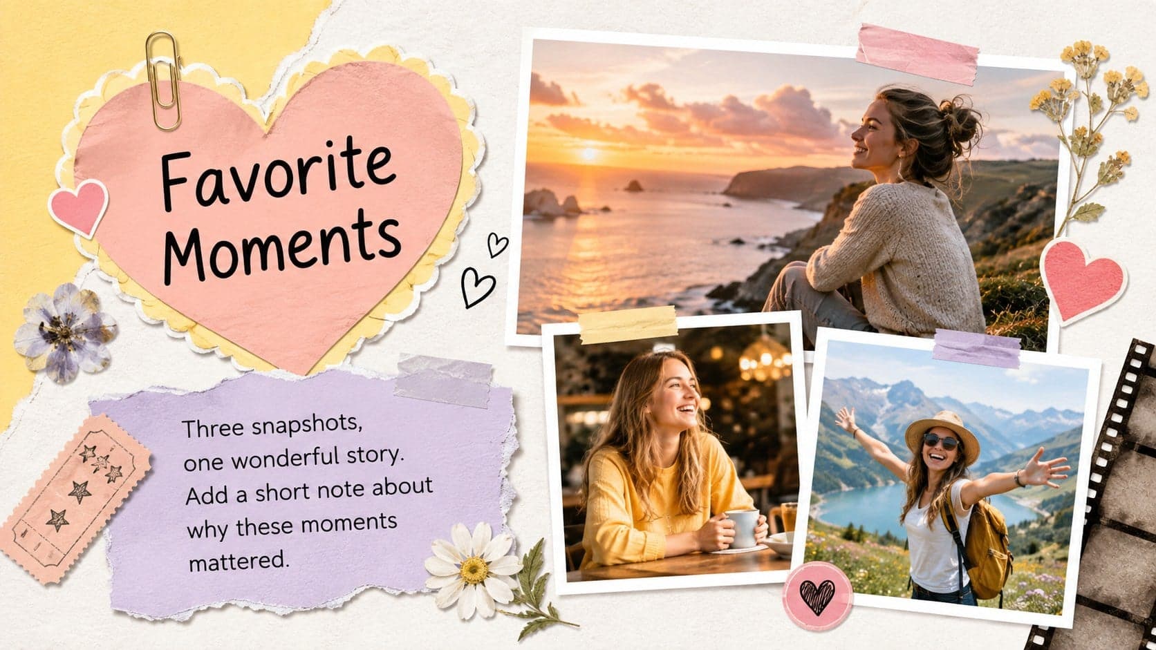 Favorite moments photo collage for an editable memory journal presentation in soft pastel colors.