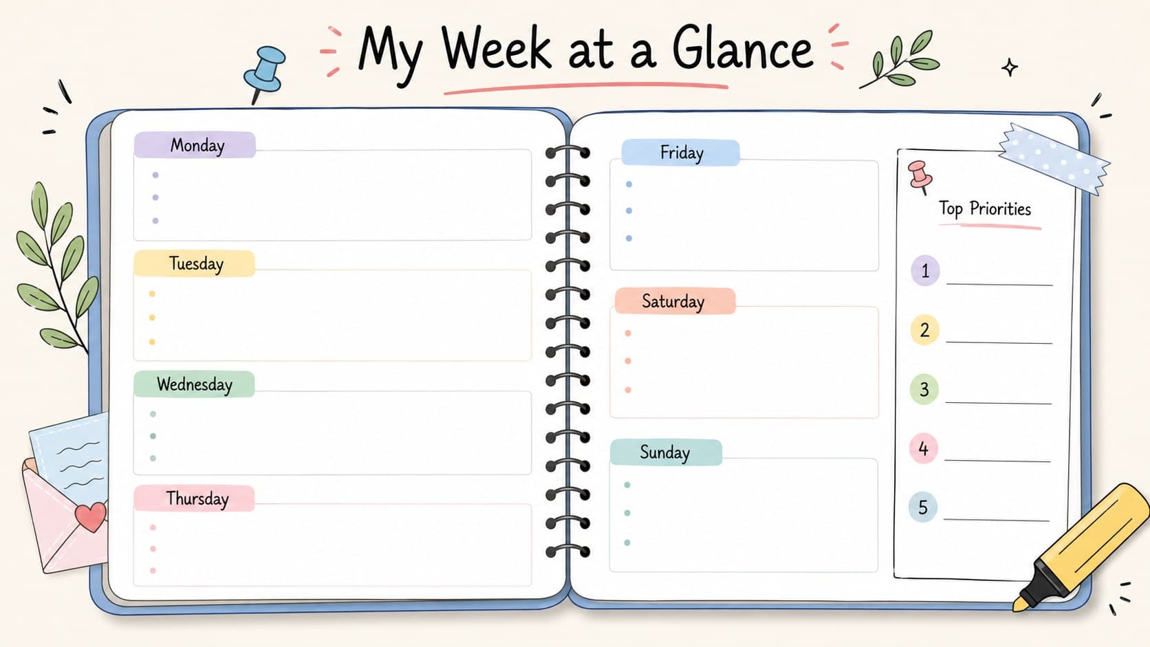 Weekly diary spread with seven pastel note areas, priorities, and scrapbook stationery decorations.
