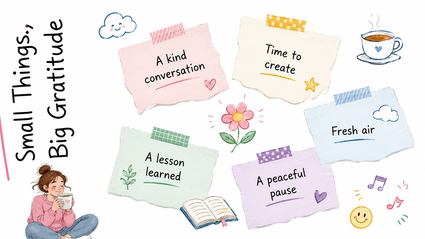 Personal reflection slide deck page with gratitude notes arranged as pastel paper scraps.