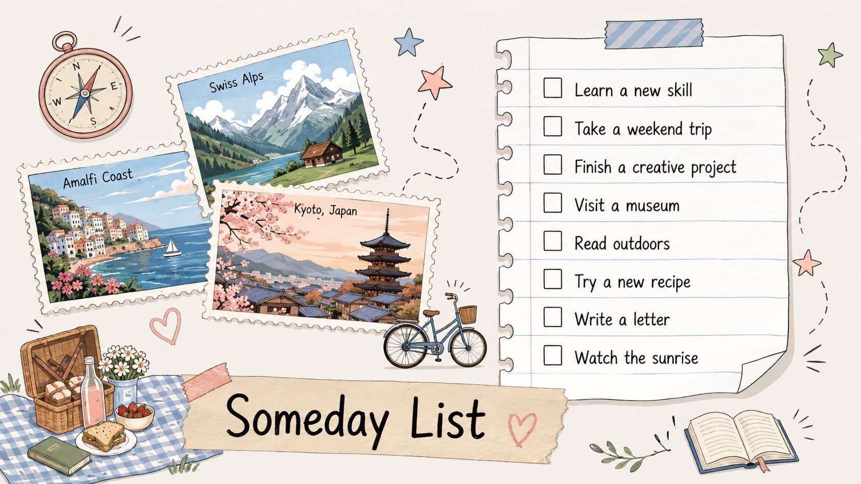 Creative visual journaling presentation template page featuring a bucket list and playful pastel stickers.