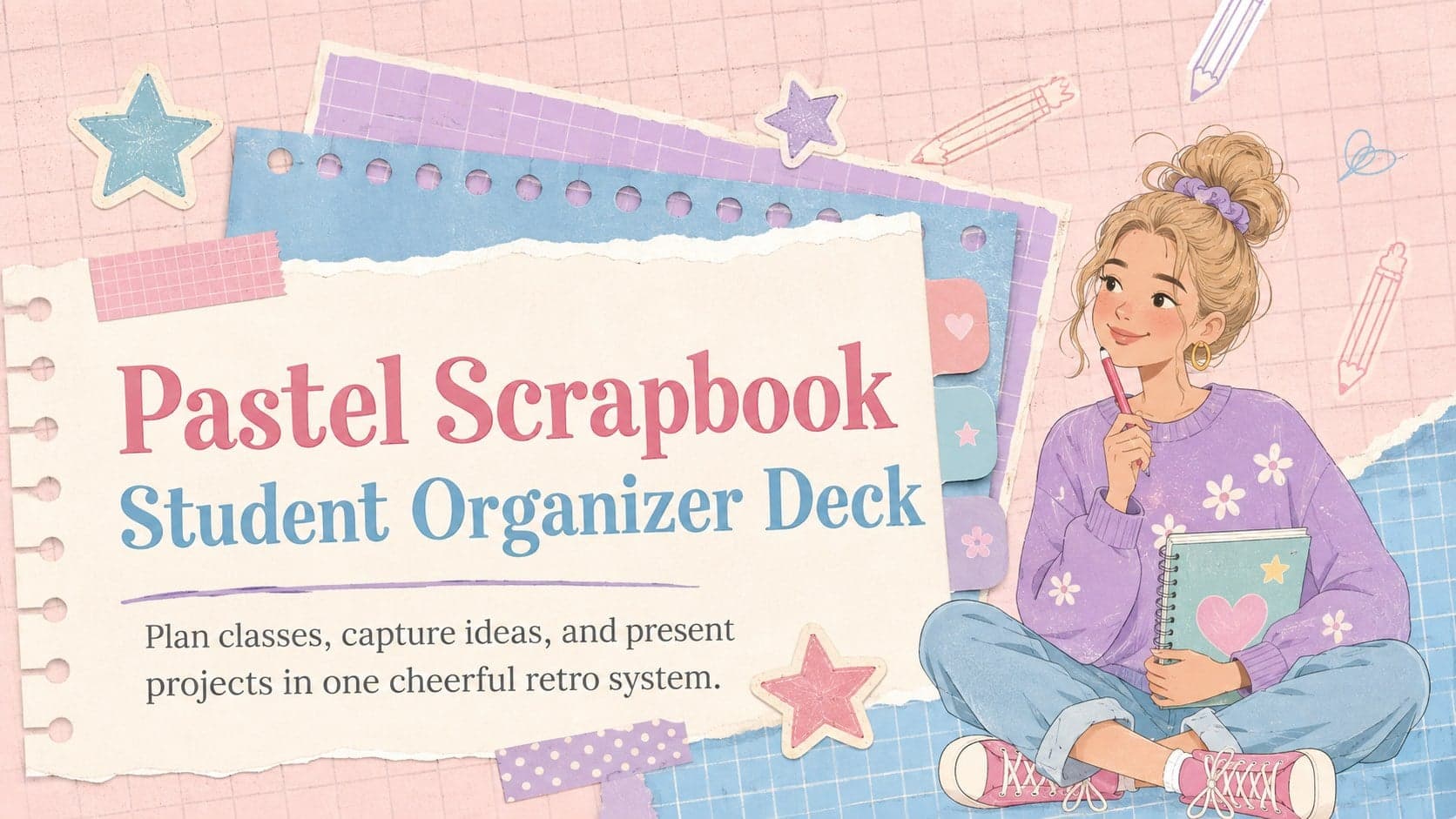 Cover of a pastel scrapbook student organizer with layered paper accents in pink, blue, and purple.