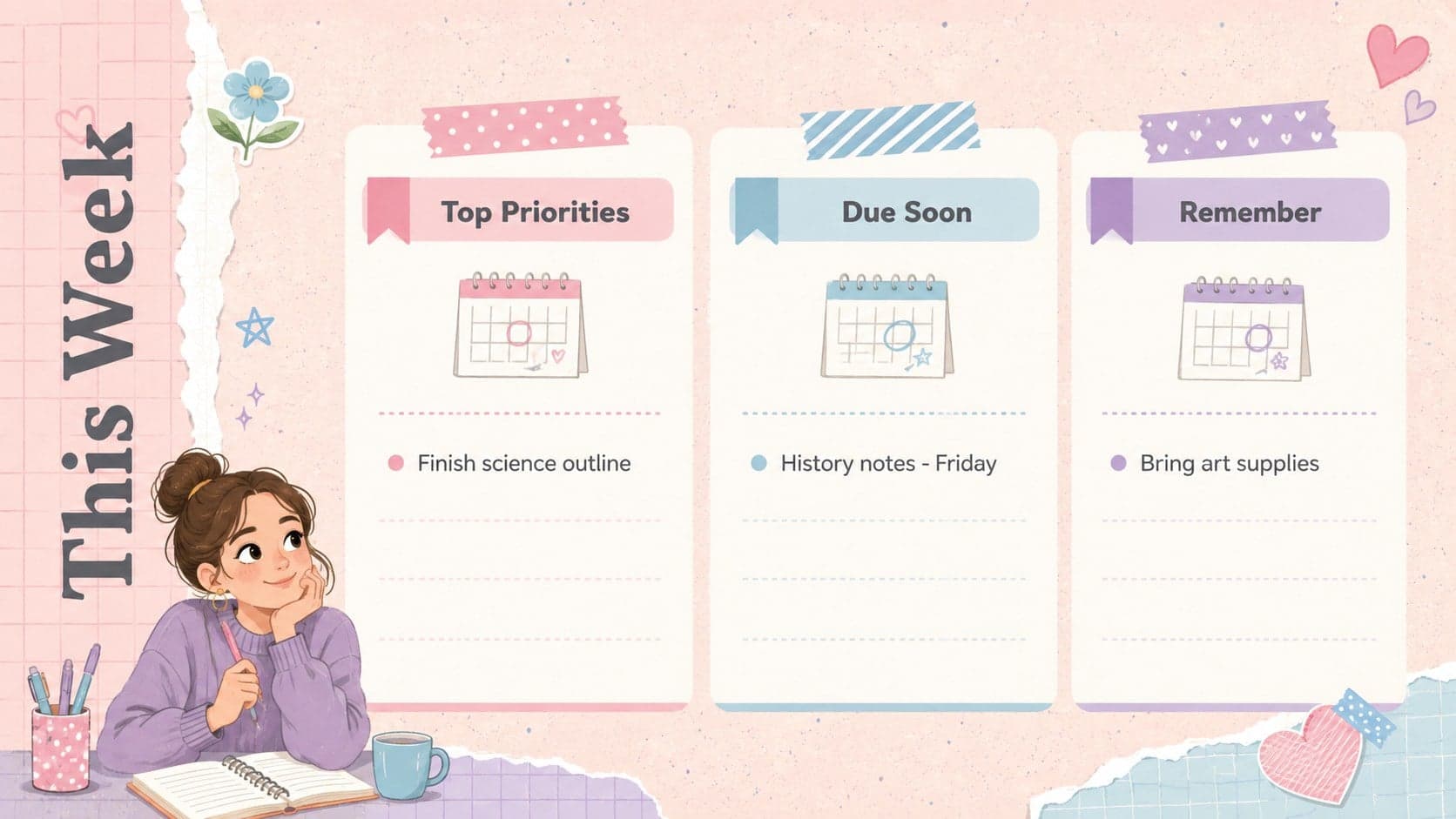 Pastel student planner slides showing a weekly priorities dashboard with tasks and deadlines.