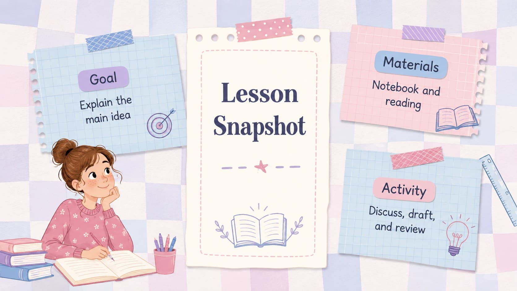 Pink and blue scrapbook lesson planning deck slide with goals, materials, and activity sections.