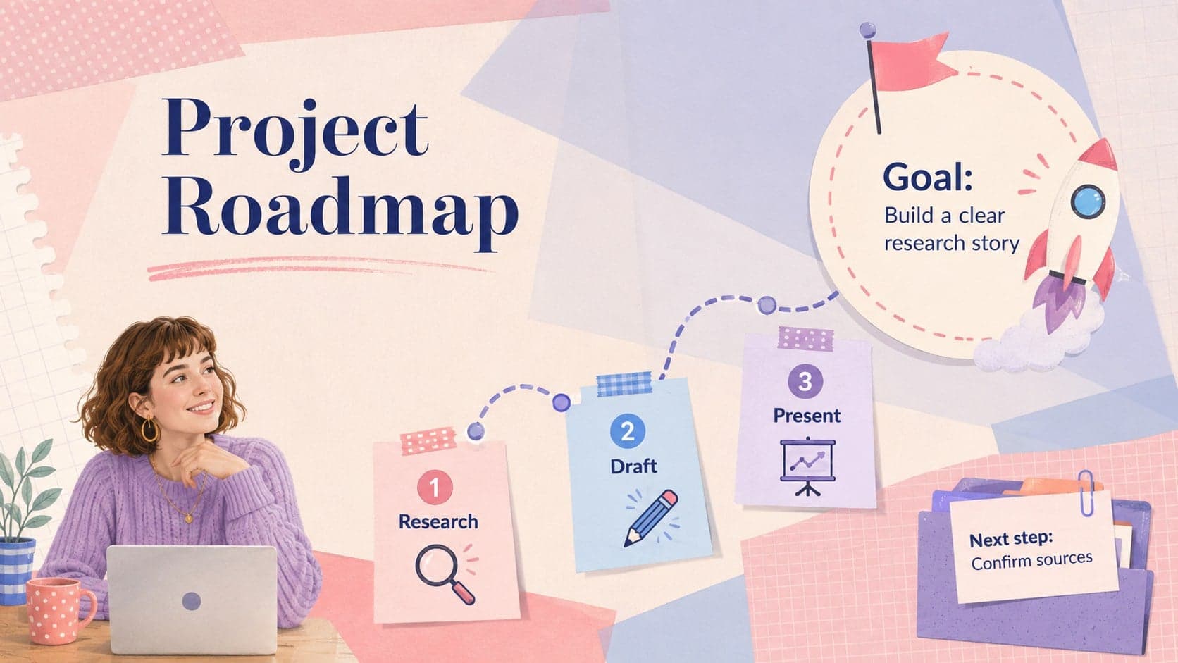 Pastel academic project presentation slide outlining a project goal, milestones, and next step.