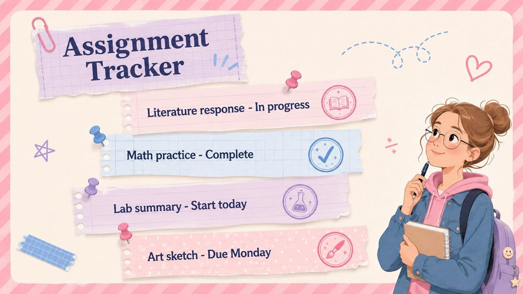 Scrapbook school presentation slide with a color-coded assignment tracker and completion statuses.