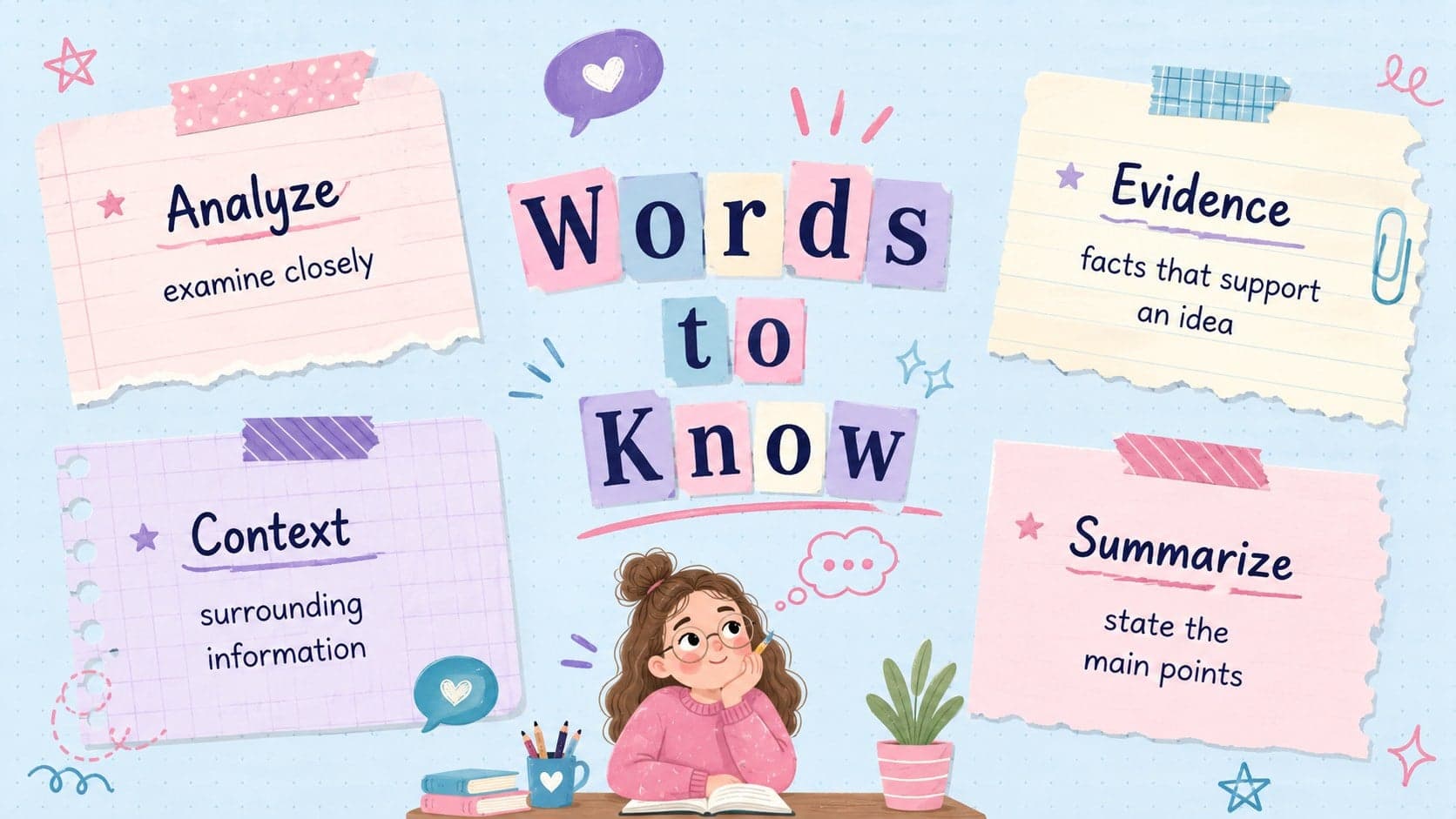 Pastel vocabulary study slide featuring four definition cards in a retro notebook style.
