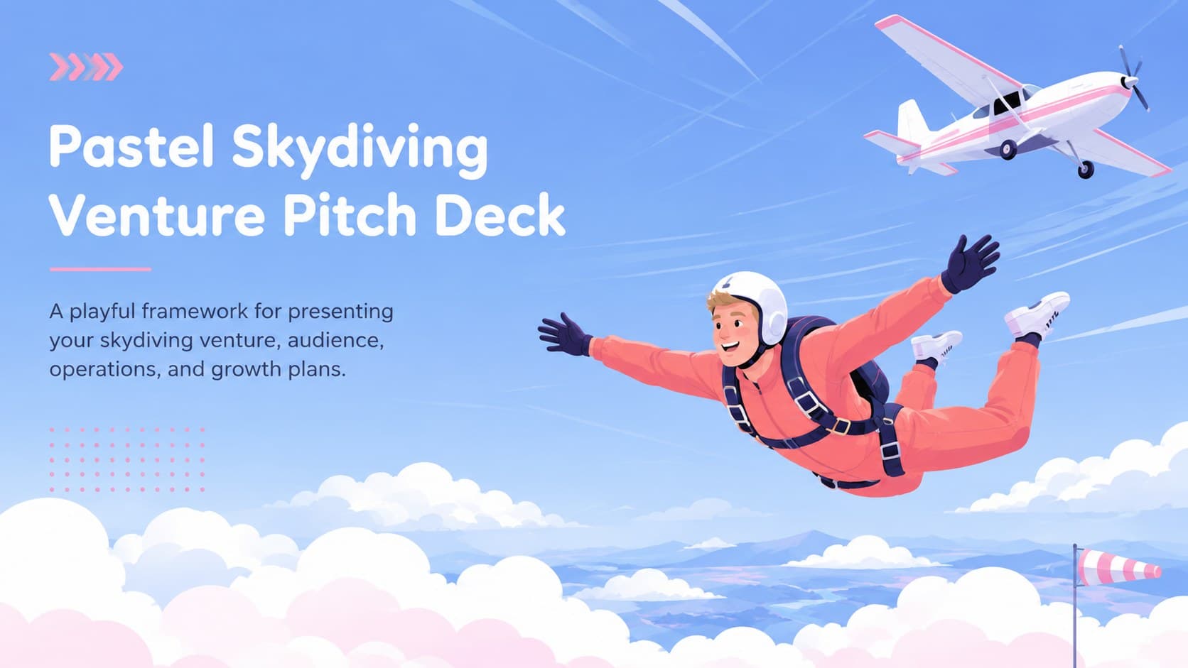 Cover of a pastel skydiving venture pitch deck with clouds and an original illustrated skydiver.