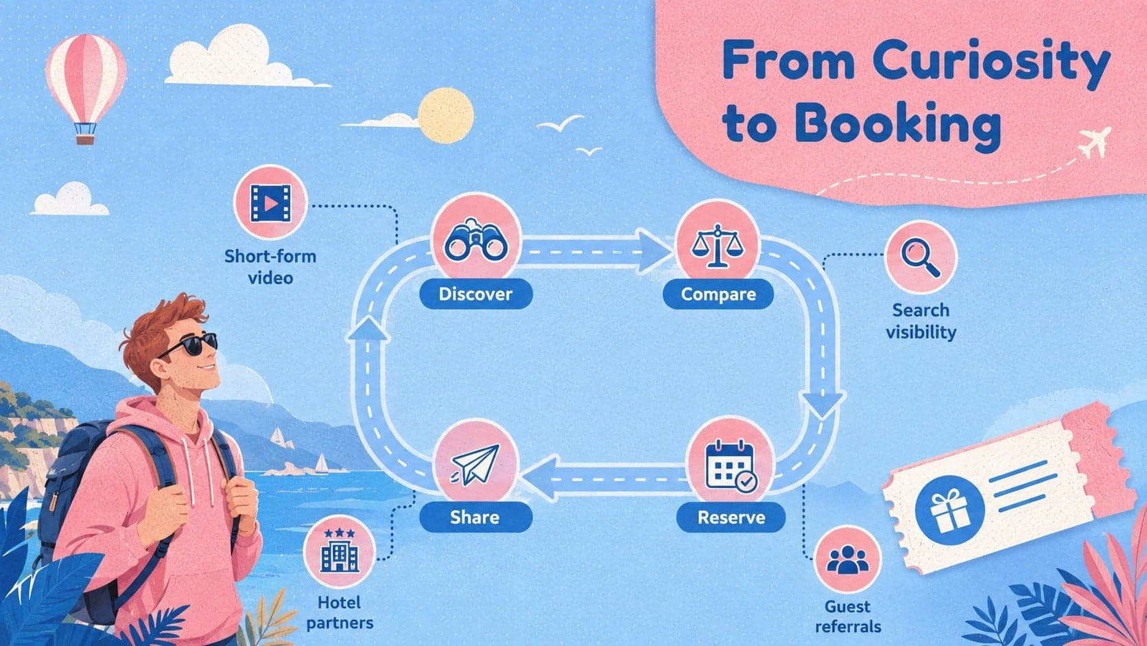 Marketing channels slide for an illustrated extreme sports pitch deck with a customer journey diagram.