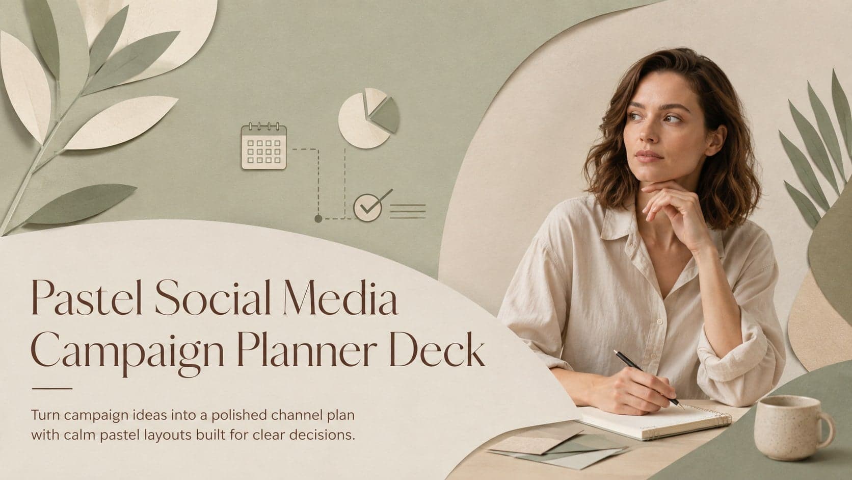 Cover of a pastel social media campaign planner with green, beige, and brown minimalist styling.