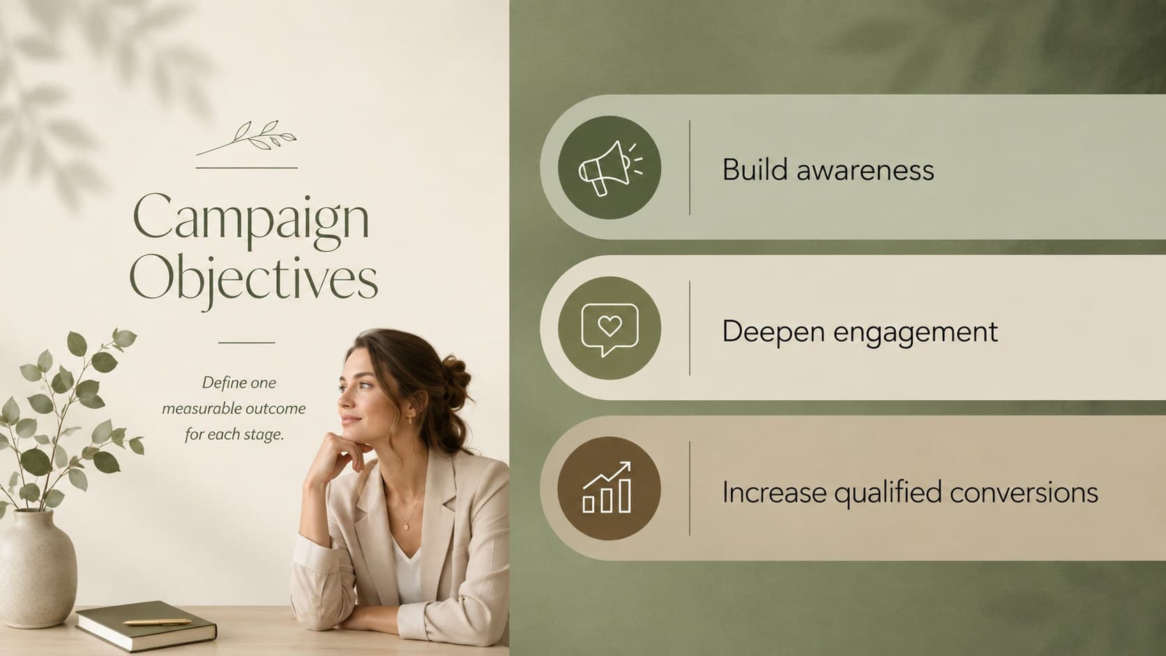 Minimal campaign objectives slide outlining awareness, engagement, and conversion priorities.