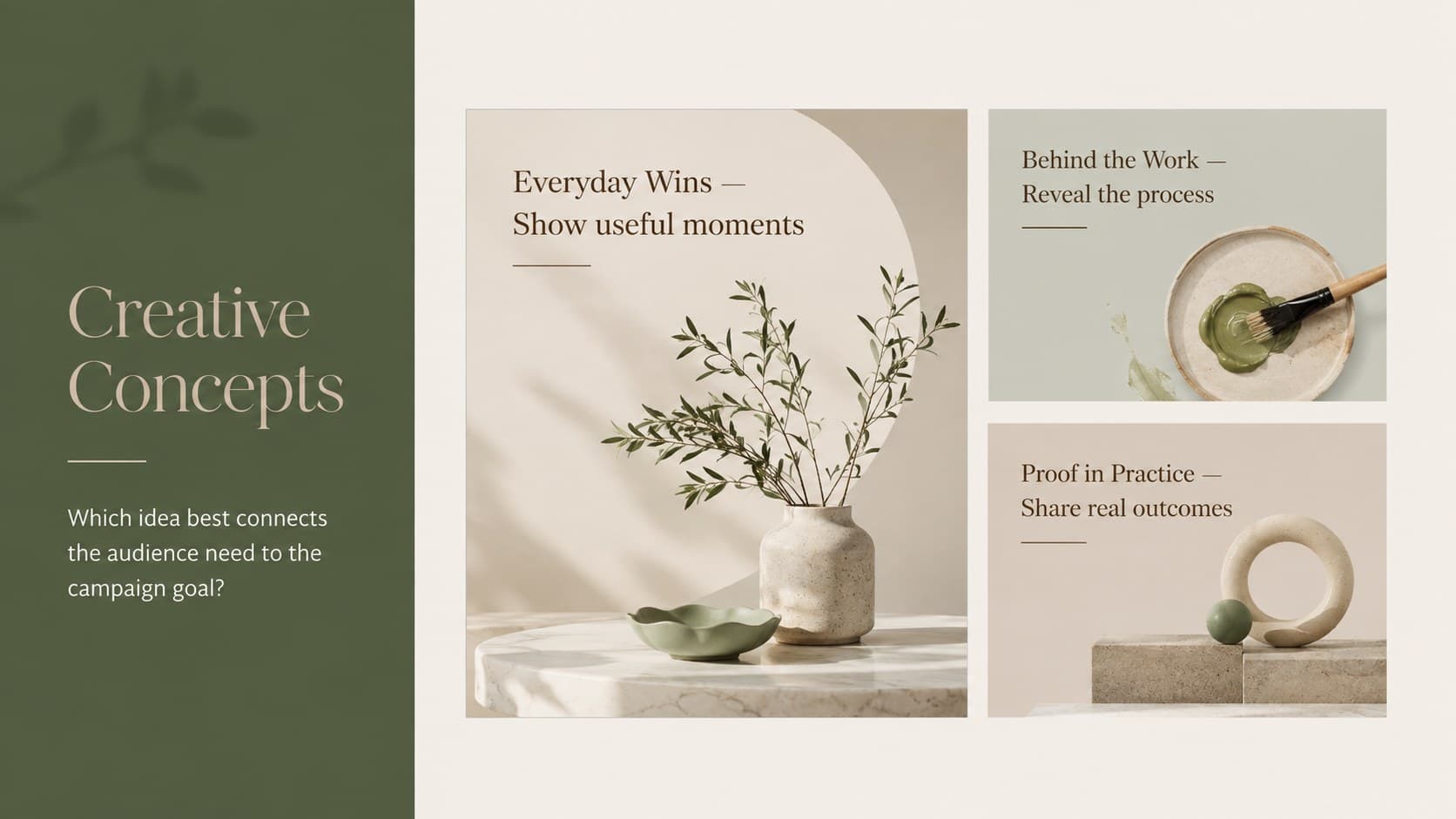 Creative concept slide presenting three social media campaign ideas in a pastel editorial layout.