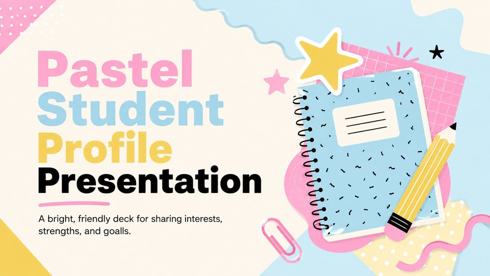 Cover of a Pastel Student Profile Presentation with playful pink, blue, and yellow school-themed graphics.