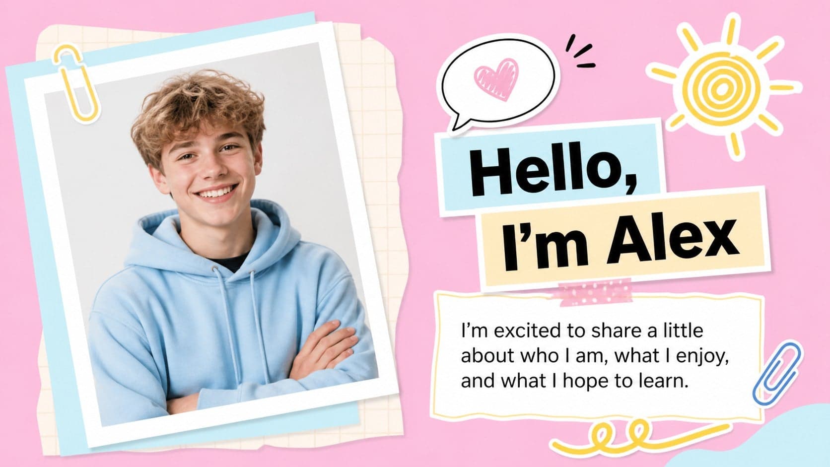Pastel classroom get to know me slide with a student name, portrait space, and short greeting.