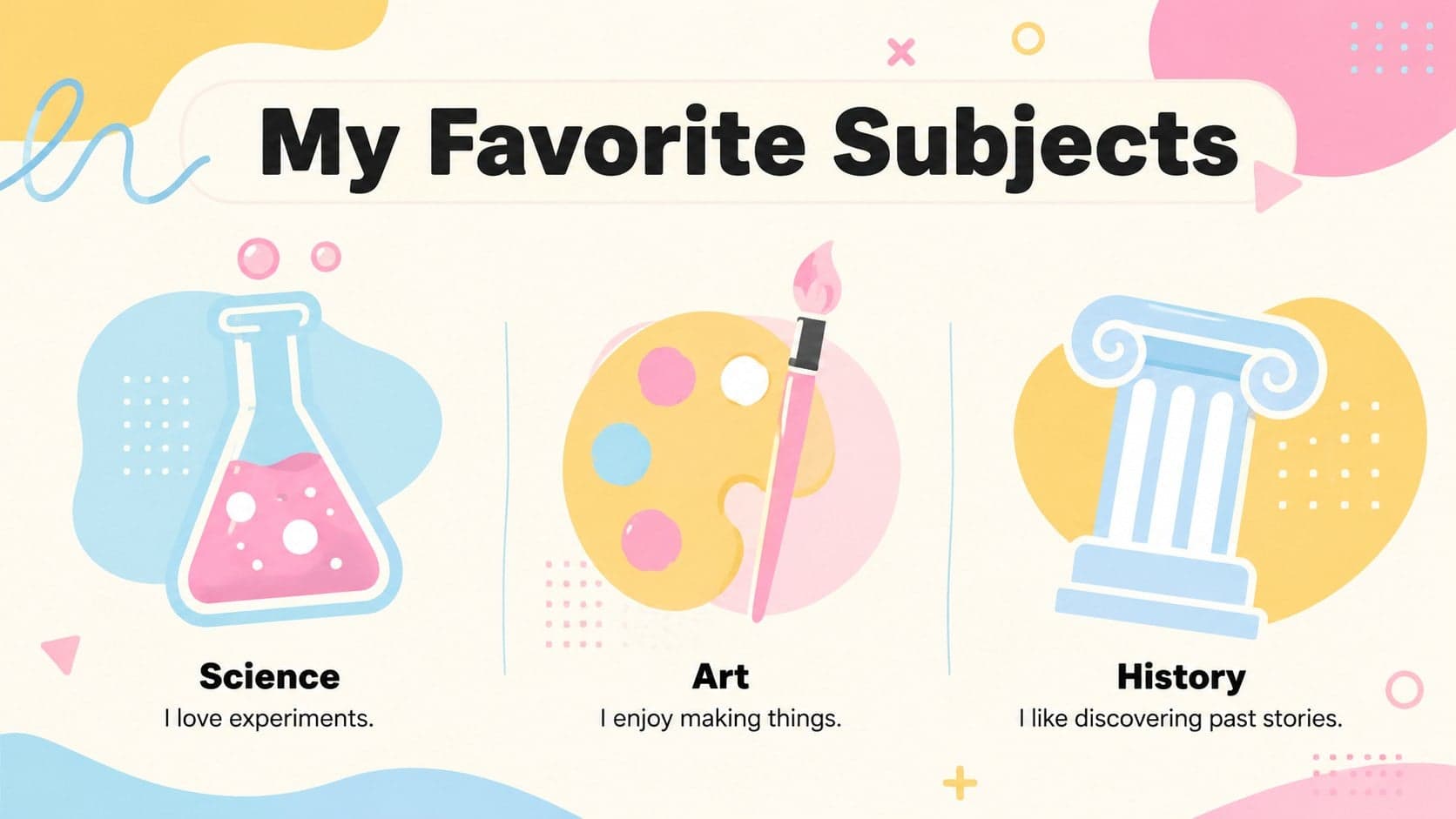 Pastel student profile presentation slide highlighting science, art, and history as favorite school subjects.