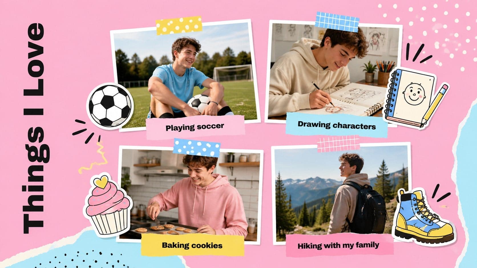 Colorful about me slide displaying hobbies such as soccer, drawing, baking, and hiking.