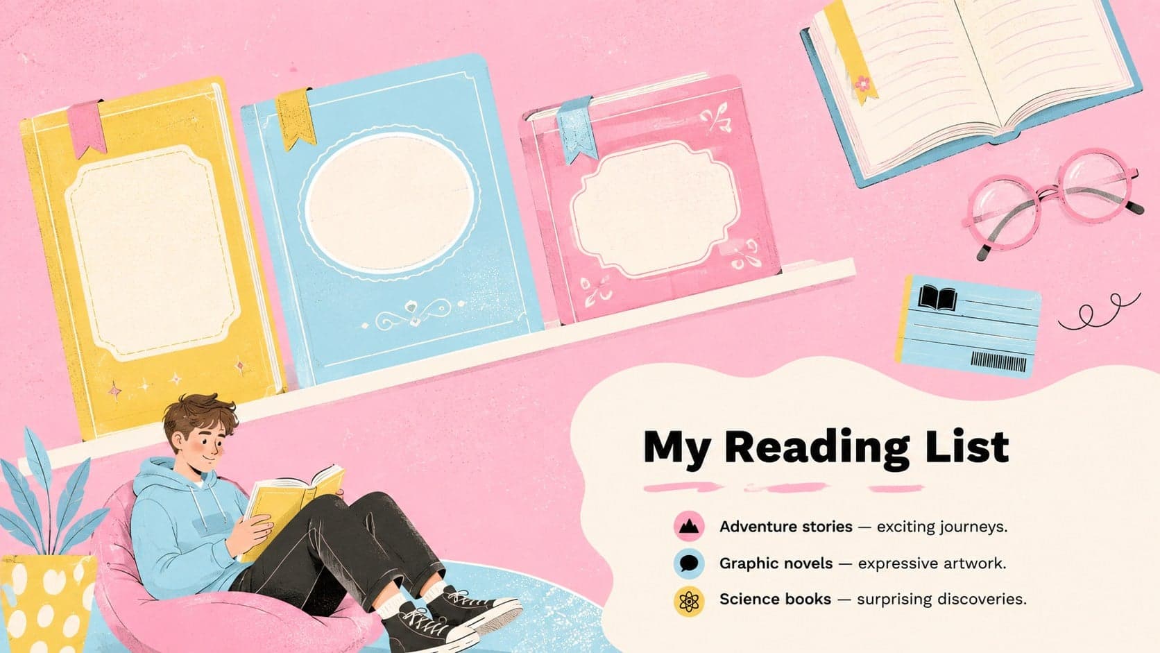 Pastel student reading list slide with three favorite book categories and original book graphics.