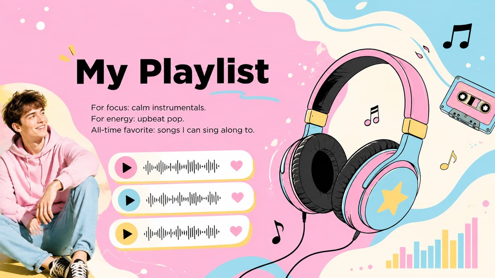 Playful student playlist slide using pastel music graphics and three listening categories.