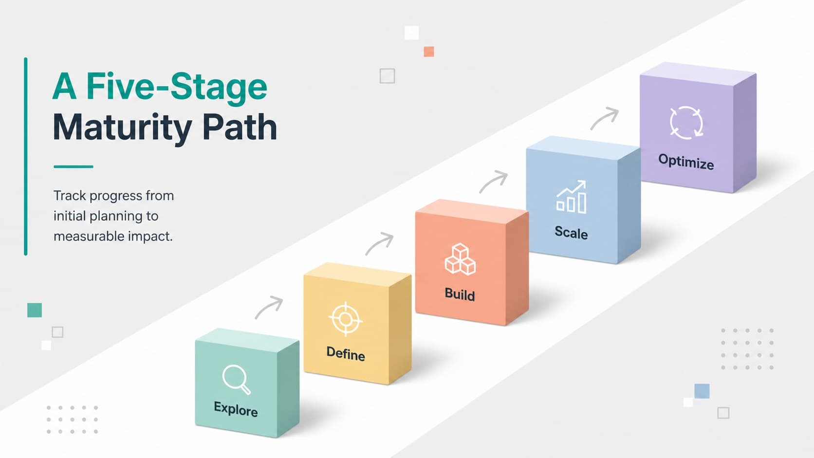 Tiered business framework template showing a five-stage maturity path in colorful pastel geometric forms.