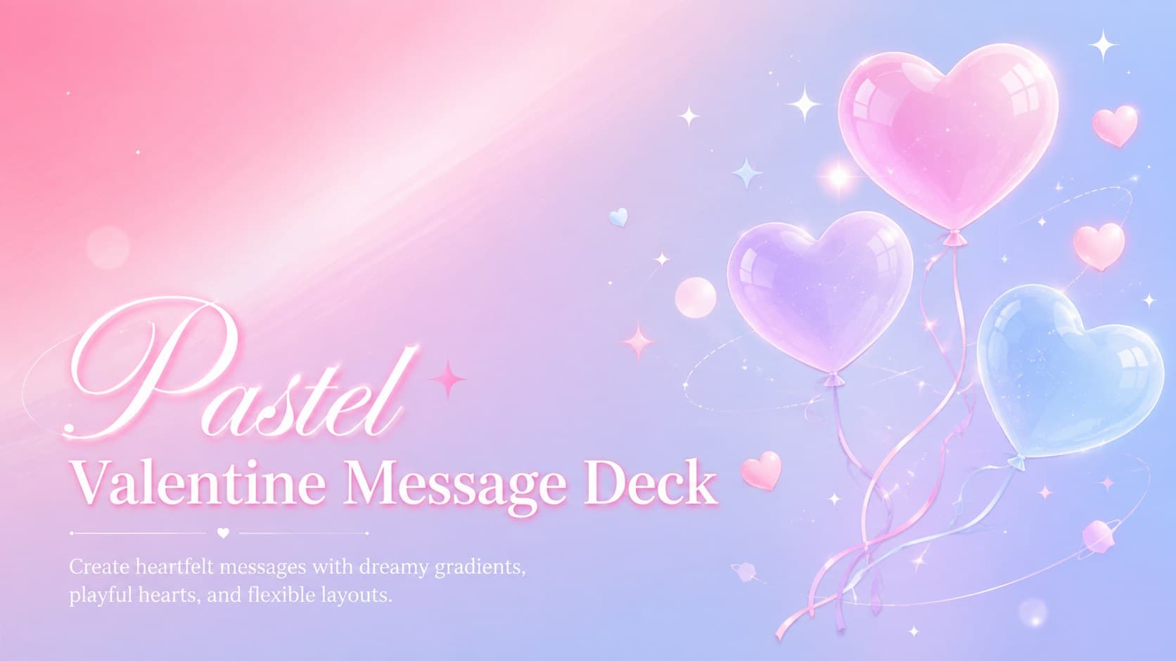 Cover of a Pastel Valentine Message Deck with pink and blue gradients and playful heart decorations.