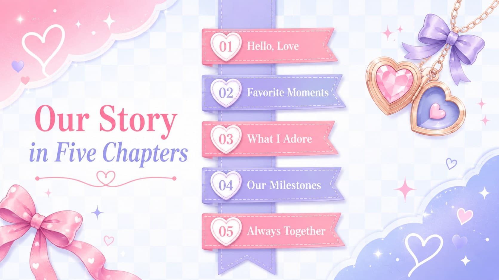 Pastel heart presentation template contents slide listing the deck's romantic storytelling sections.